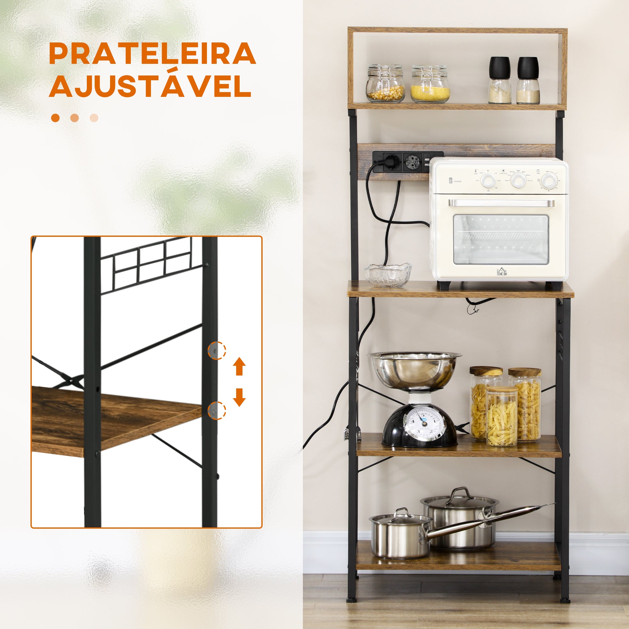 Estante de Cozinha – 60x42x153 cm – Marrom Rústico e Preto – Melamina de madeira e aço