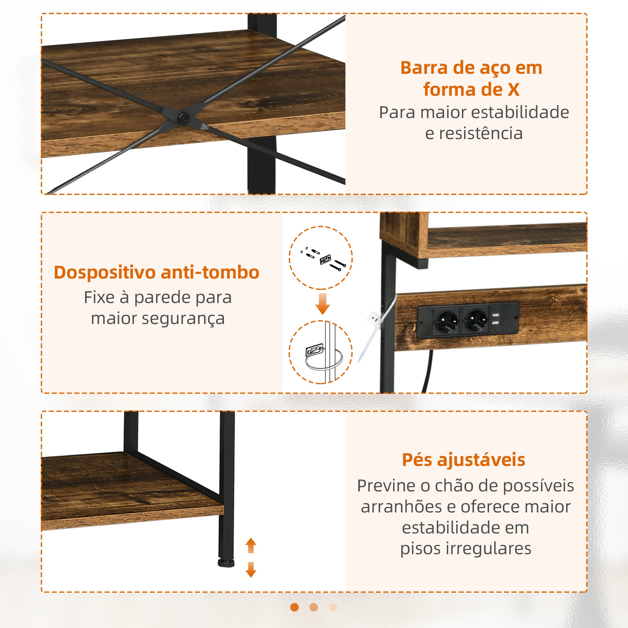 Estante de Cozinha – 60x42x153 cm – Marrom Rústico e Preto – Melamina de madeira e aço