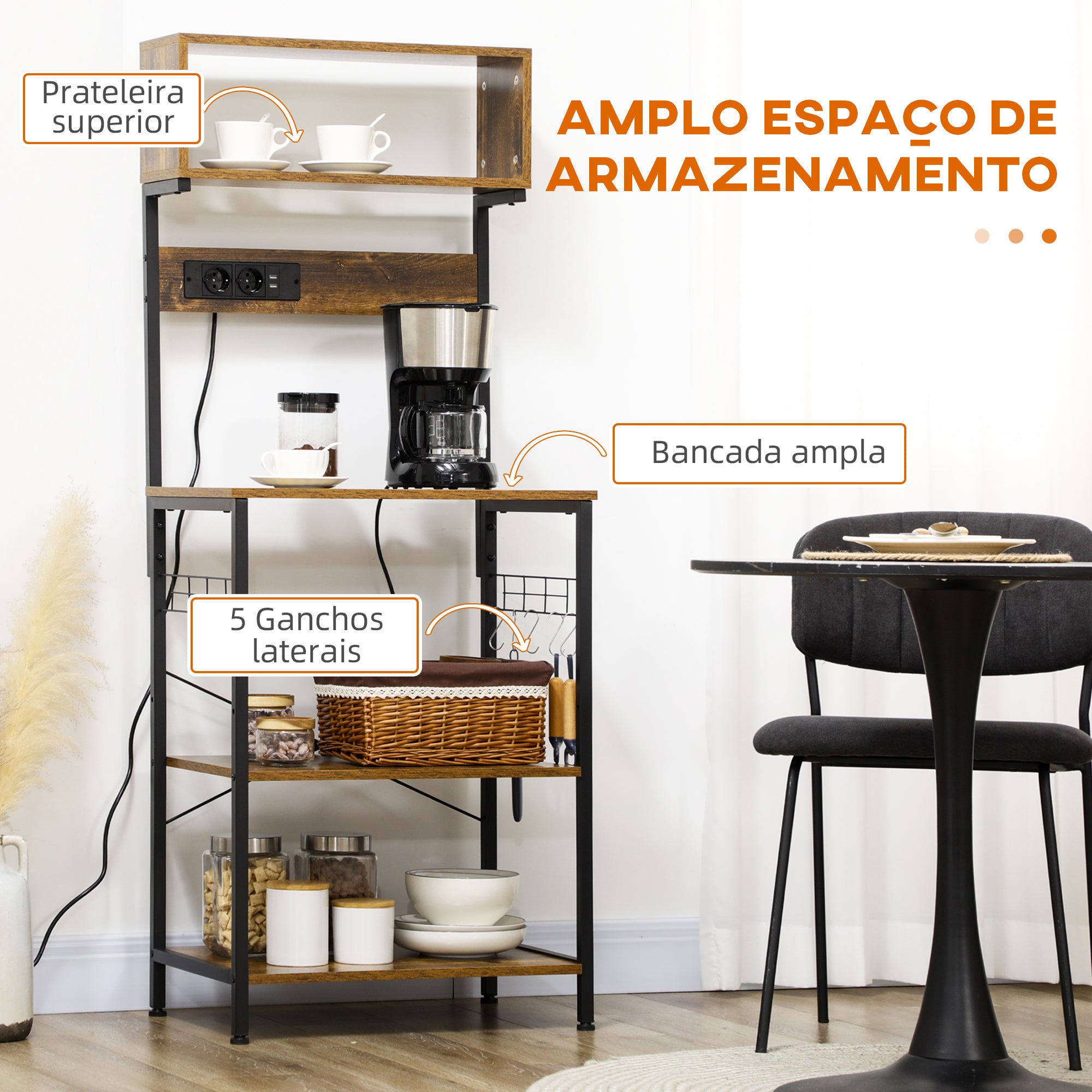 Estante de Cozinha – 60x42x153 cm – Marrom Rústico e Preto – Melamina de madeira e aço
