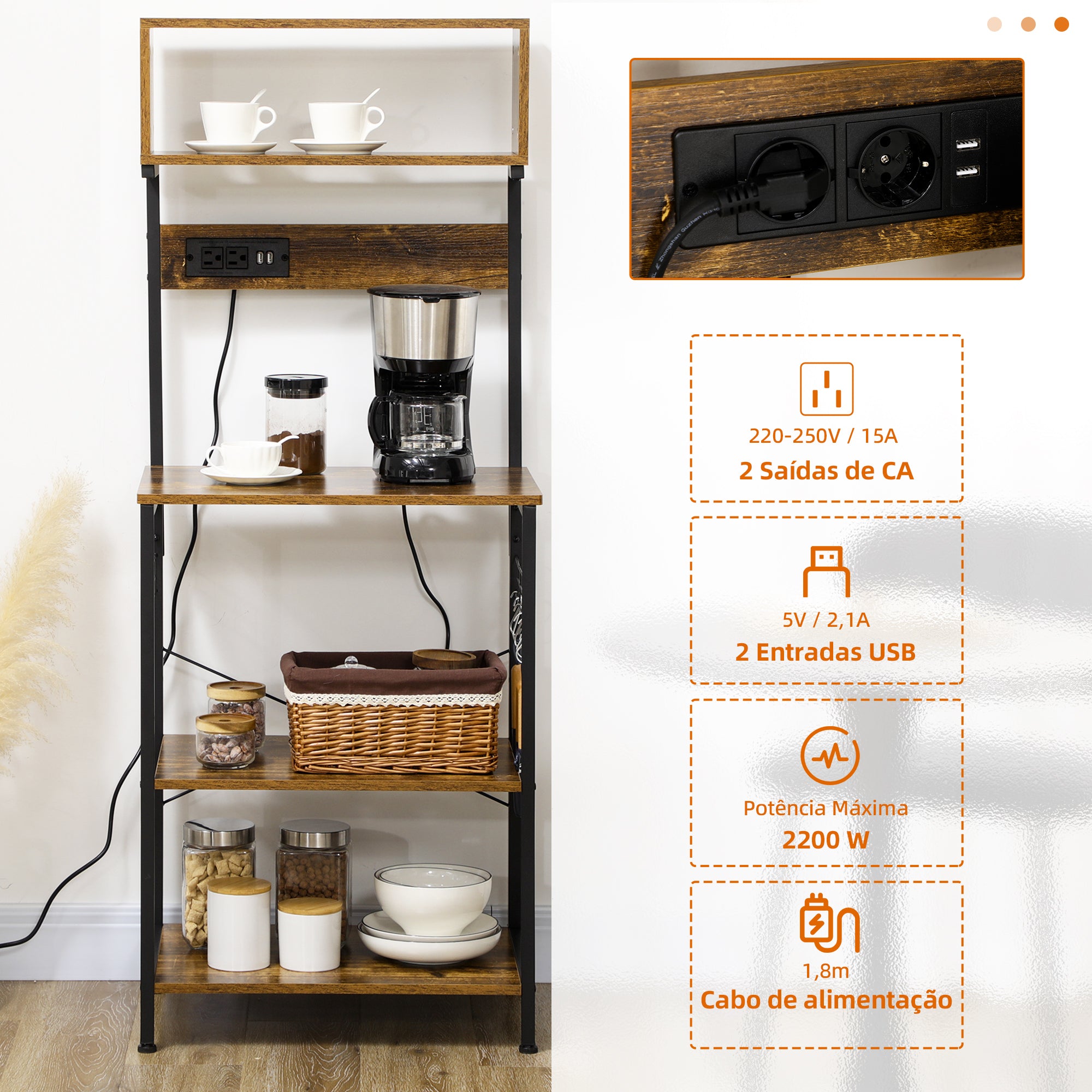 Estante de Cozinha – 60x42x153 cm – Marrom Rústico e Preto – Melamina de madeira e aço