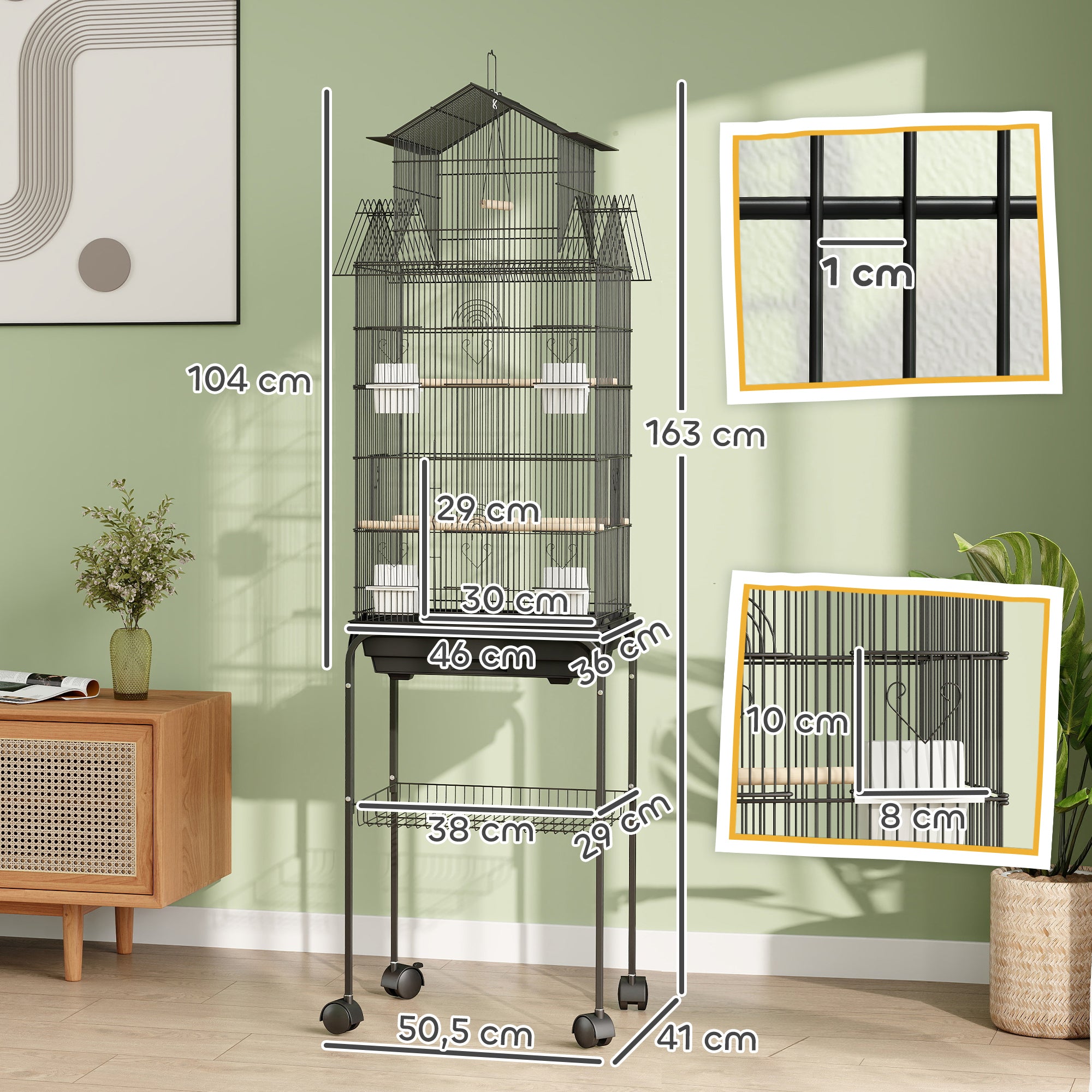 Gaiola de Metal para Pássaros com Bandeja Amovível e Rodas 50,5x41x163 cm Preto