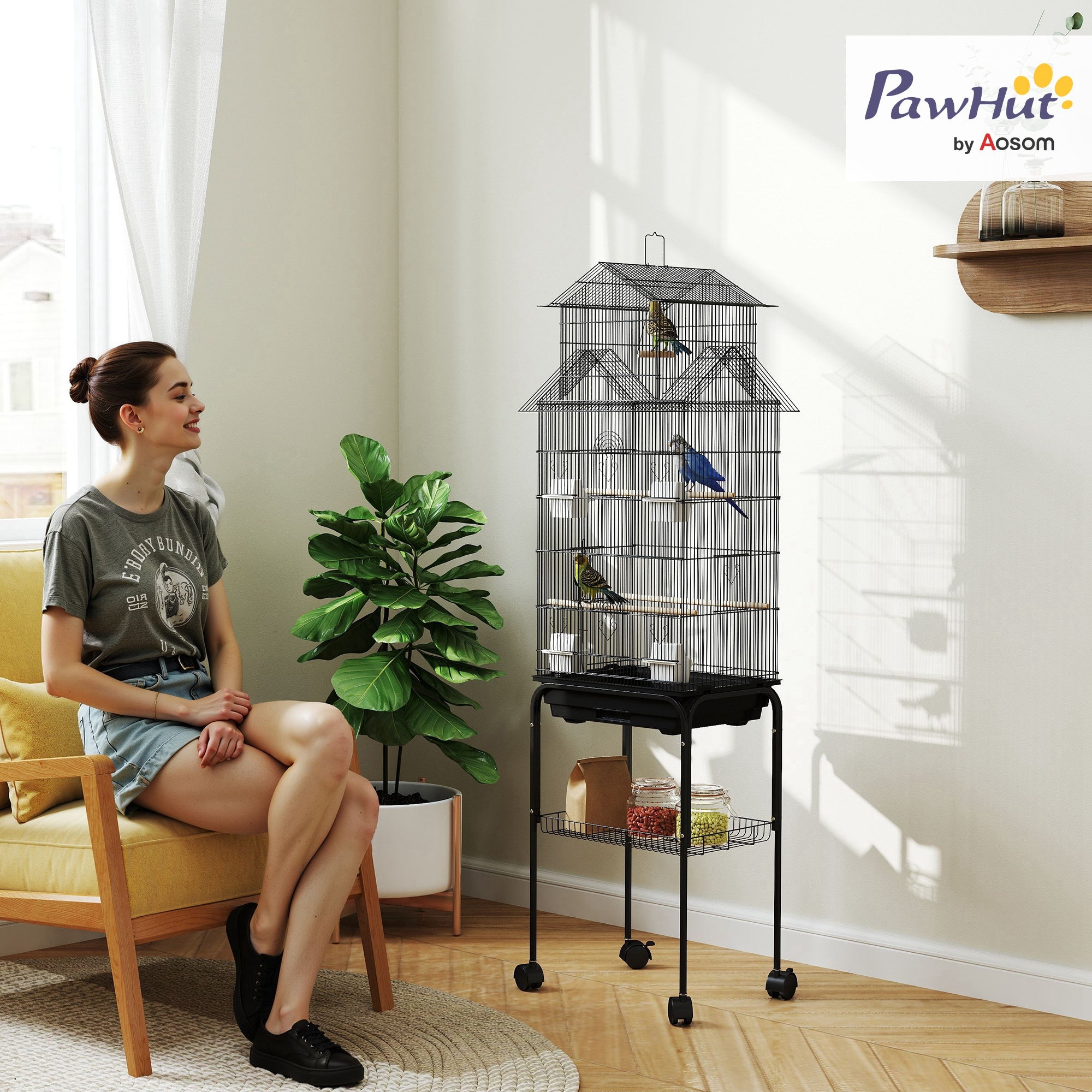 Gaiola de Metal para Pássaros com Bandeja Amovível e Rodas 50,5x41x163 cm Preto