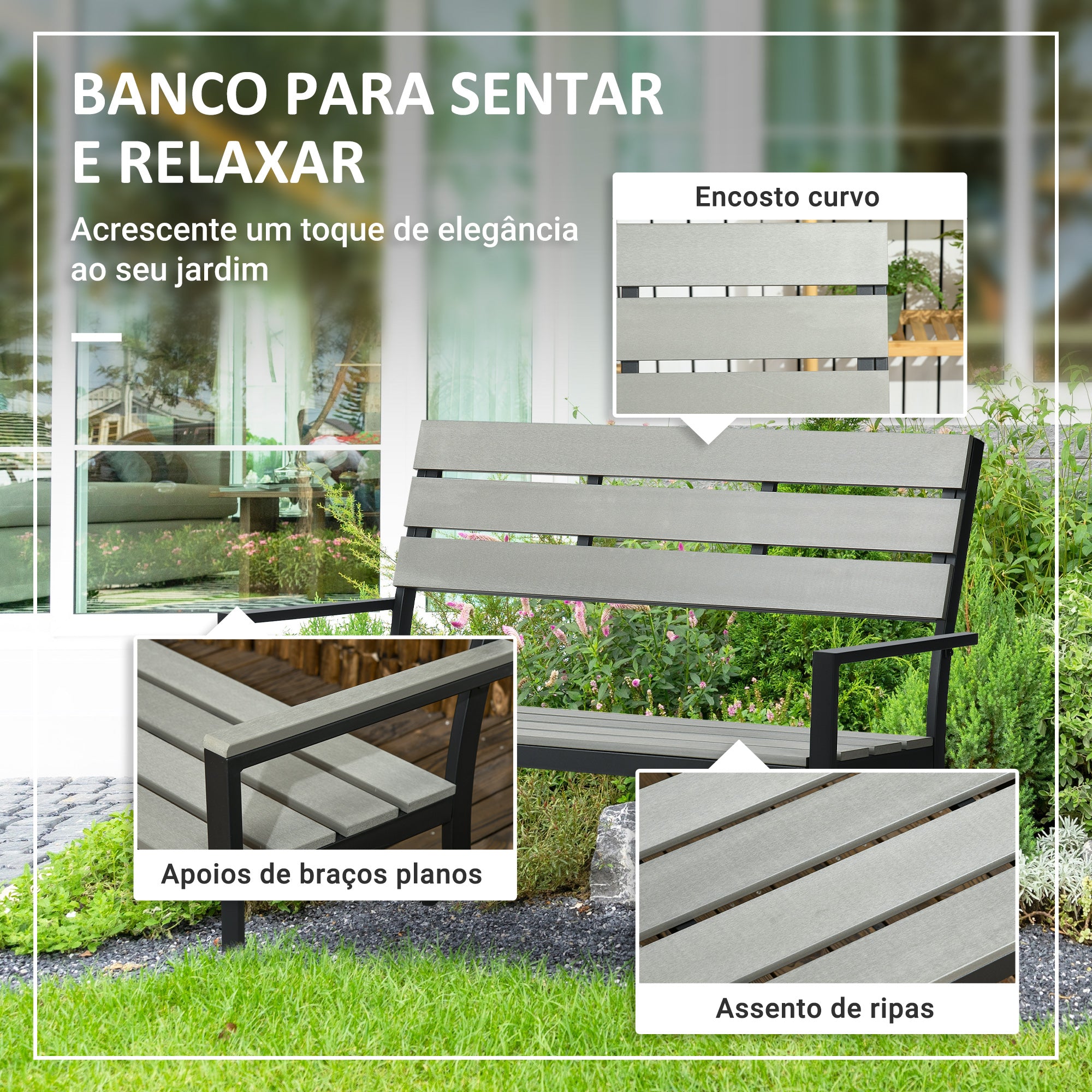 Banco de Jardim 2 Lugares Cinza 122x65x92 cm
