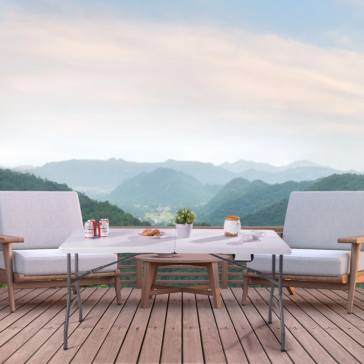 Mesa Dobrável em Plástico Moldado por Sopro 153x74x74cm Mesa Portátil para Campismo Branca