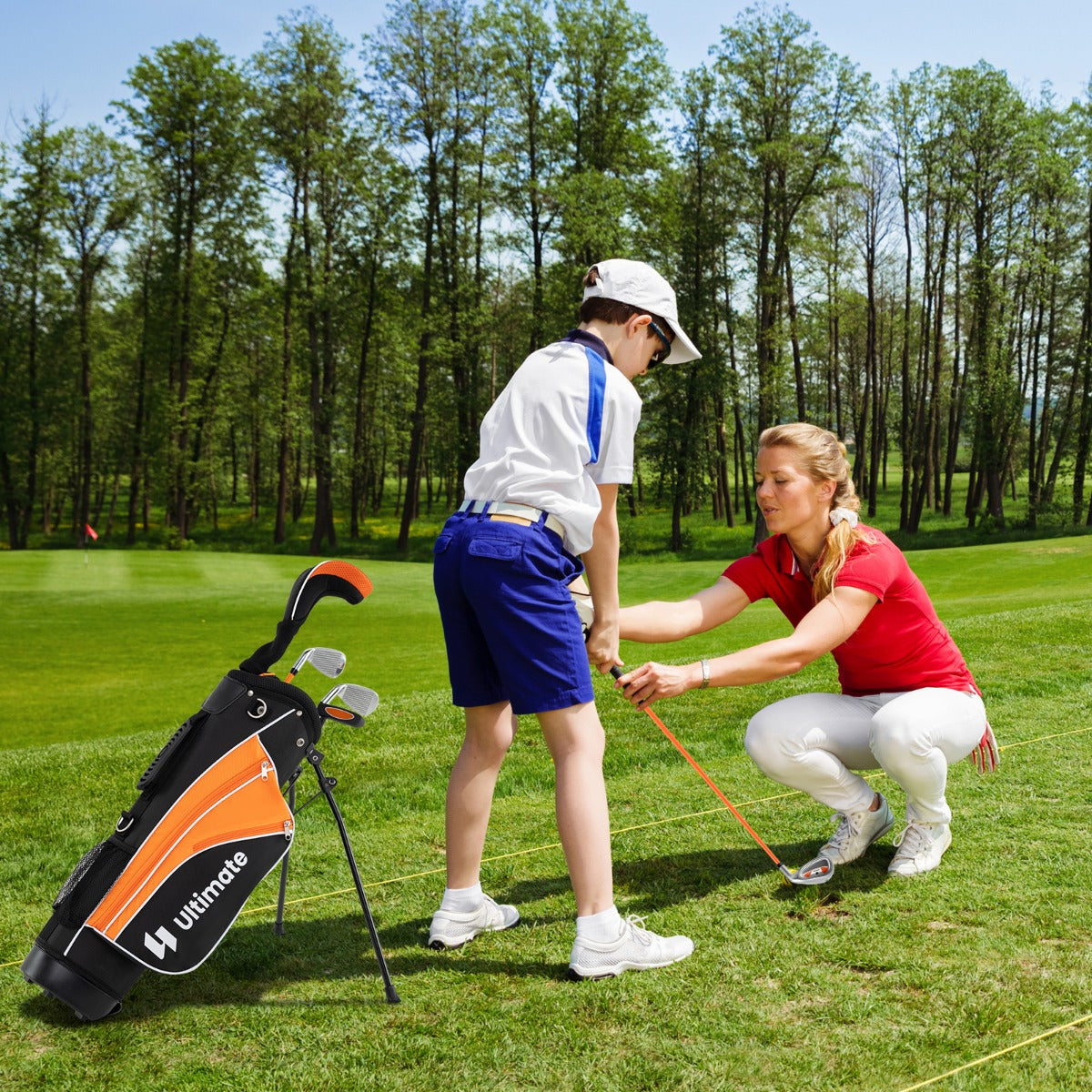 Conjunto Completo de Tacos de Golfe para Crianças Inclui Ferros 205CC 3 Fairway 7 &9 Putter Capa de Cabeça Saco Portátil para 11-13 Anos Laranja