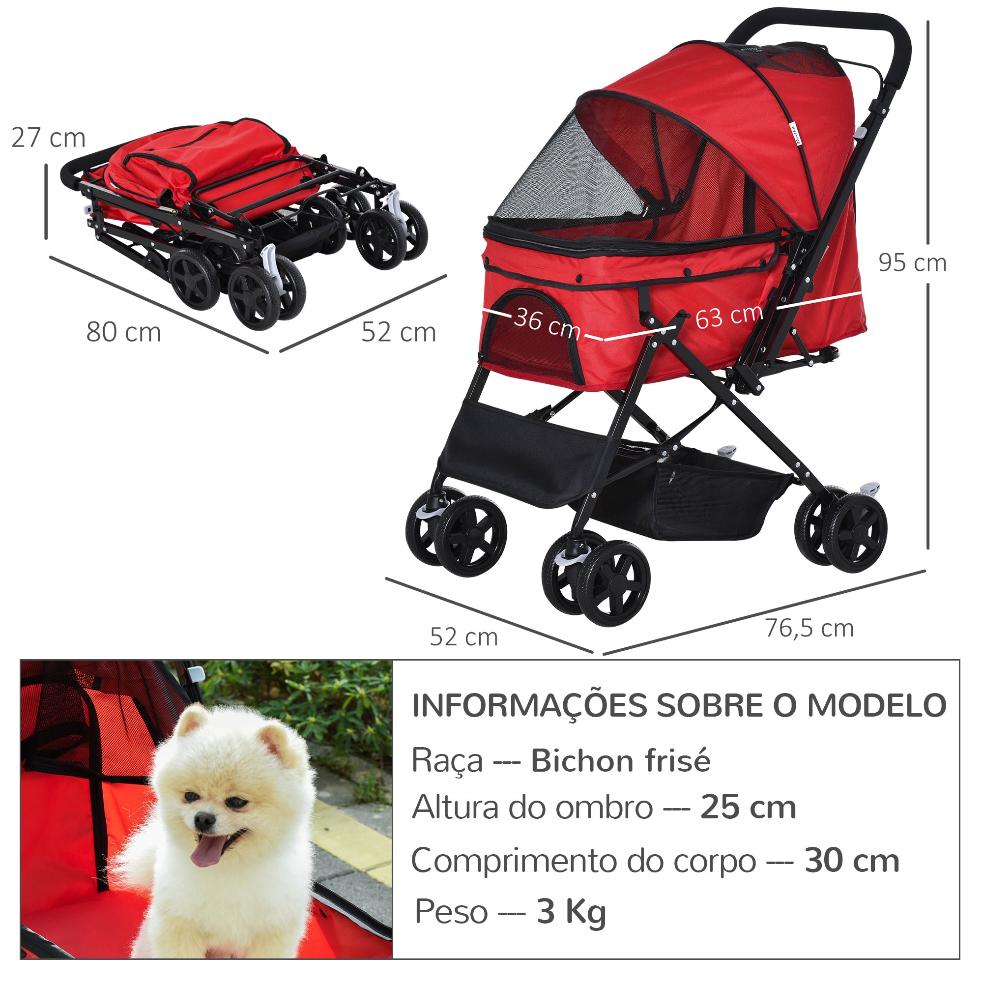Carrinho para Animais de Estimação Dobrável – 76.5x52x95cm – Vermelho – Aço e Tecido Oxford 600D