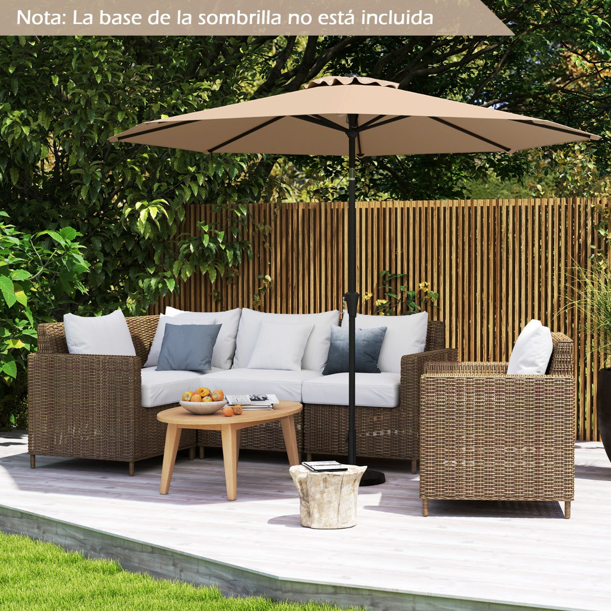 Guarda-Sol de Jardim com Mecanismo de 25° de Inclinação com Manivela 8 Varetas Reforçadas para Pátio Terraço Sem Base Café