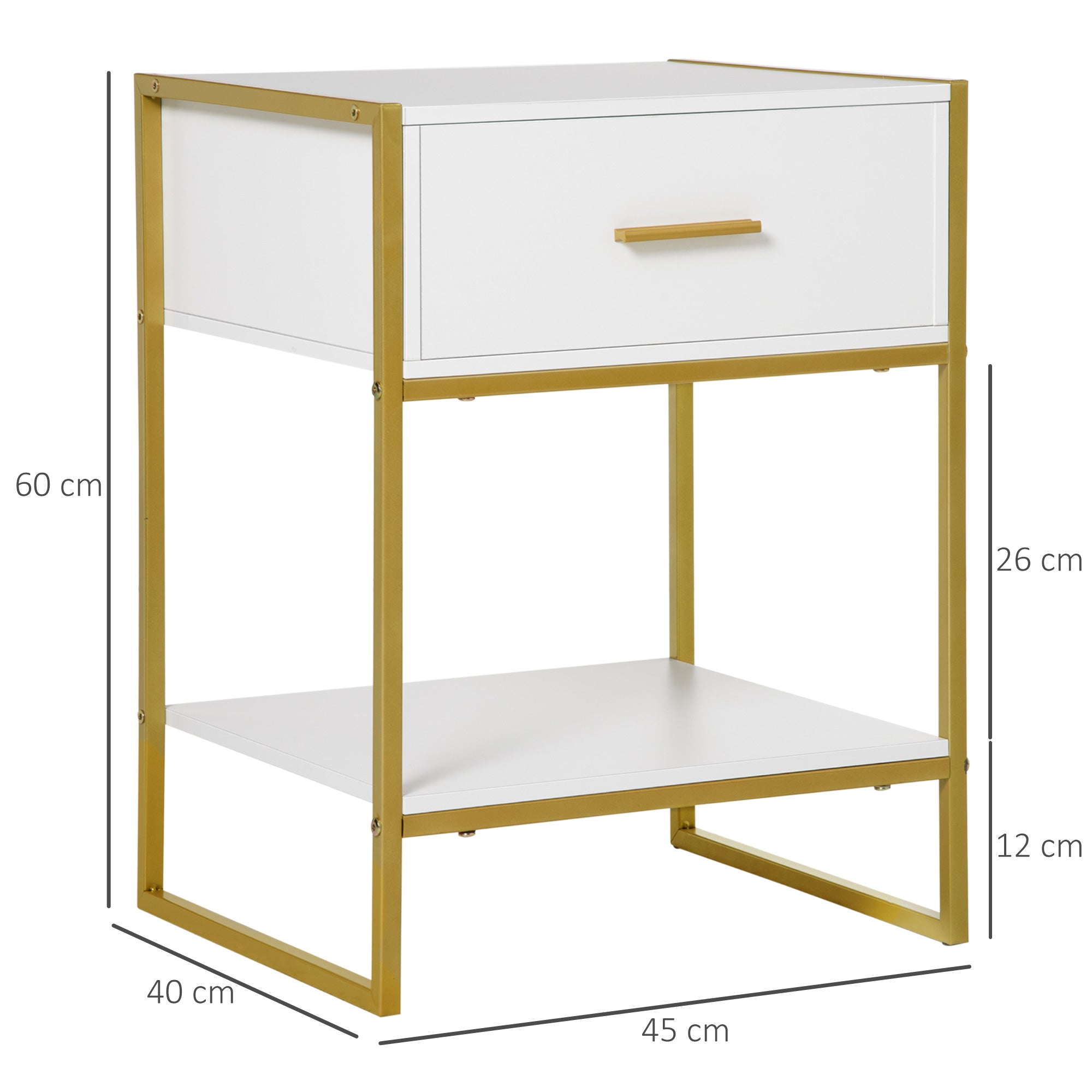 Mesa de Cabeceira Moderna com Gaveta e Prateleira de Armazenamento 45x40x60cm Branco e Dourado
