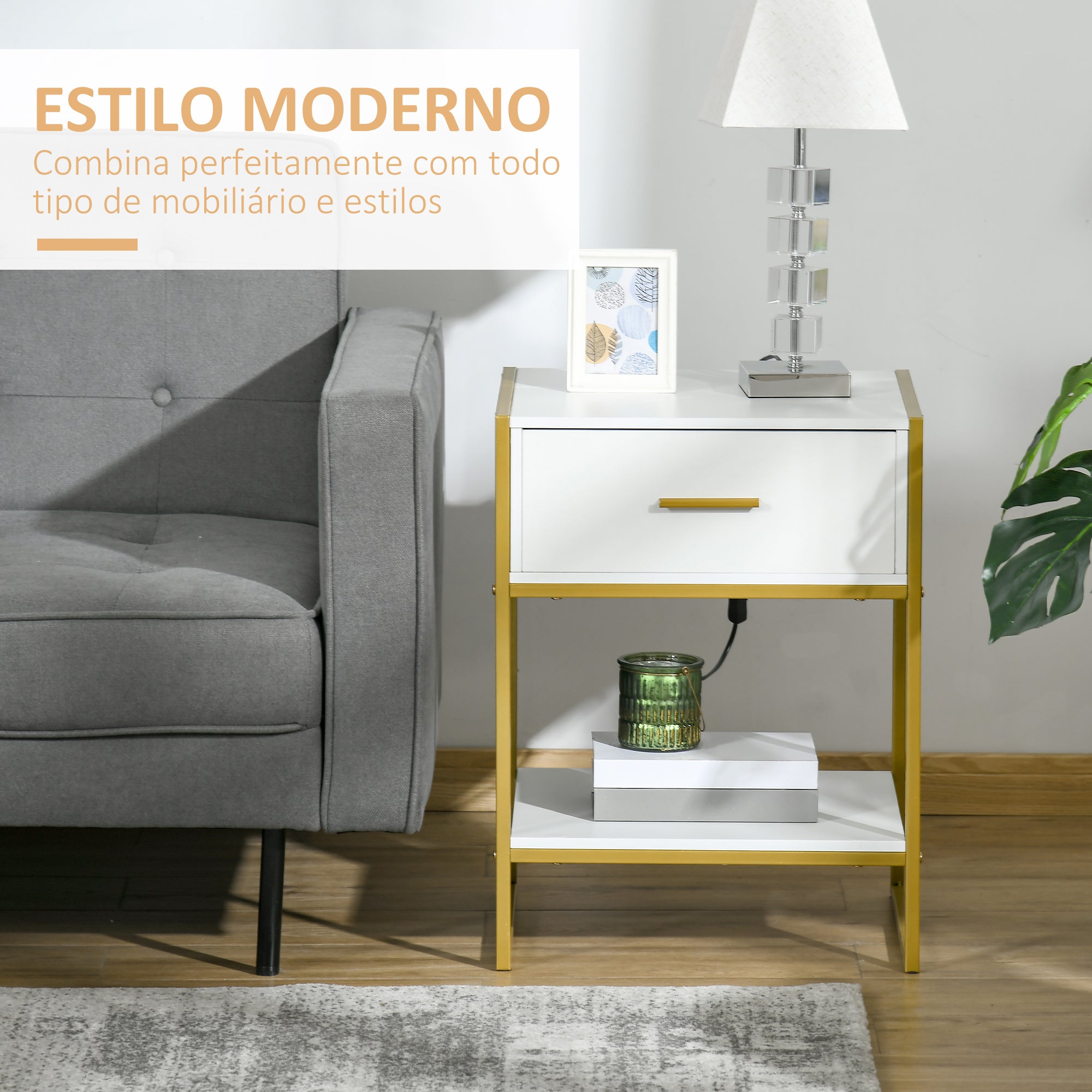 Mesa de Cabeceira Moderna com Gaveta e Prateleira de Armazenamento 45x40x60cm Branco e Dourado
