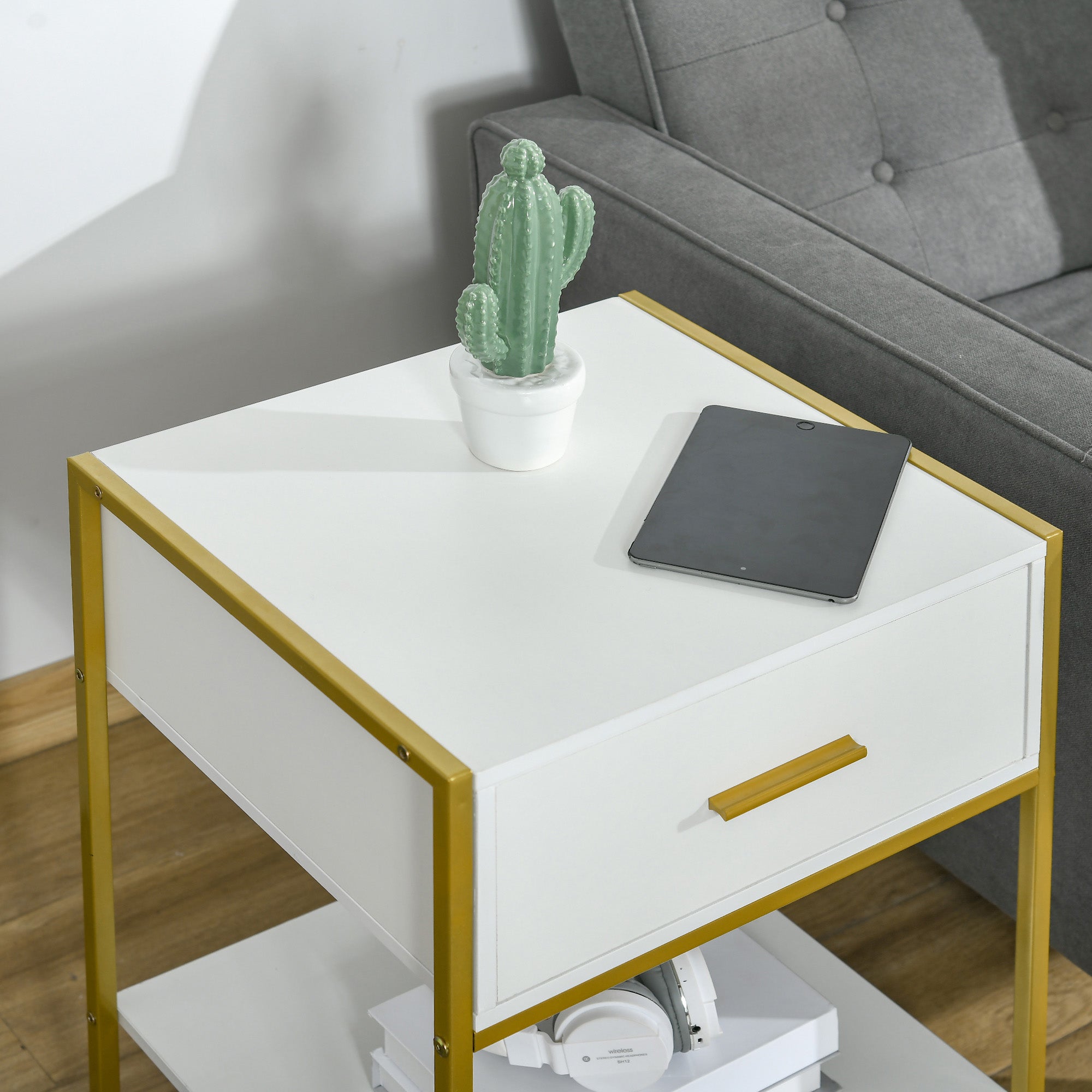 Mesa de Cabeceira Moderna com Gaveta e Prateleira de Armazenamento 45x40x60cm Branco e Dourado