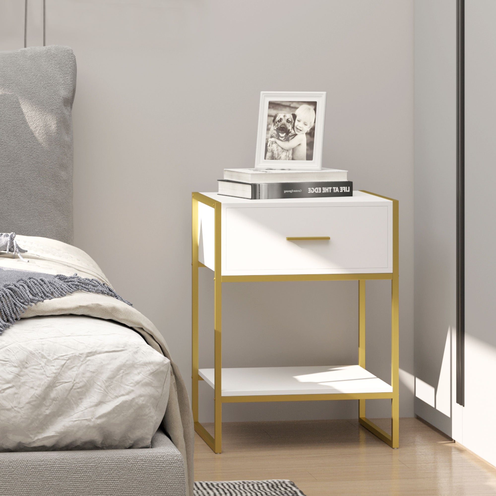 Mesa de Cabeceira Moderna com Gaveta e Prateleira de Armazenamento 45x40x60cm Branco e Dourado