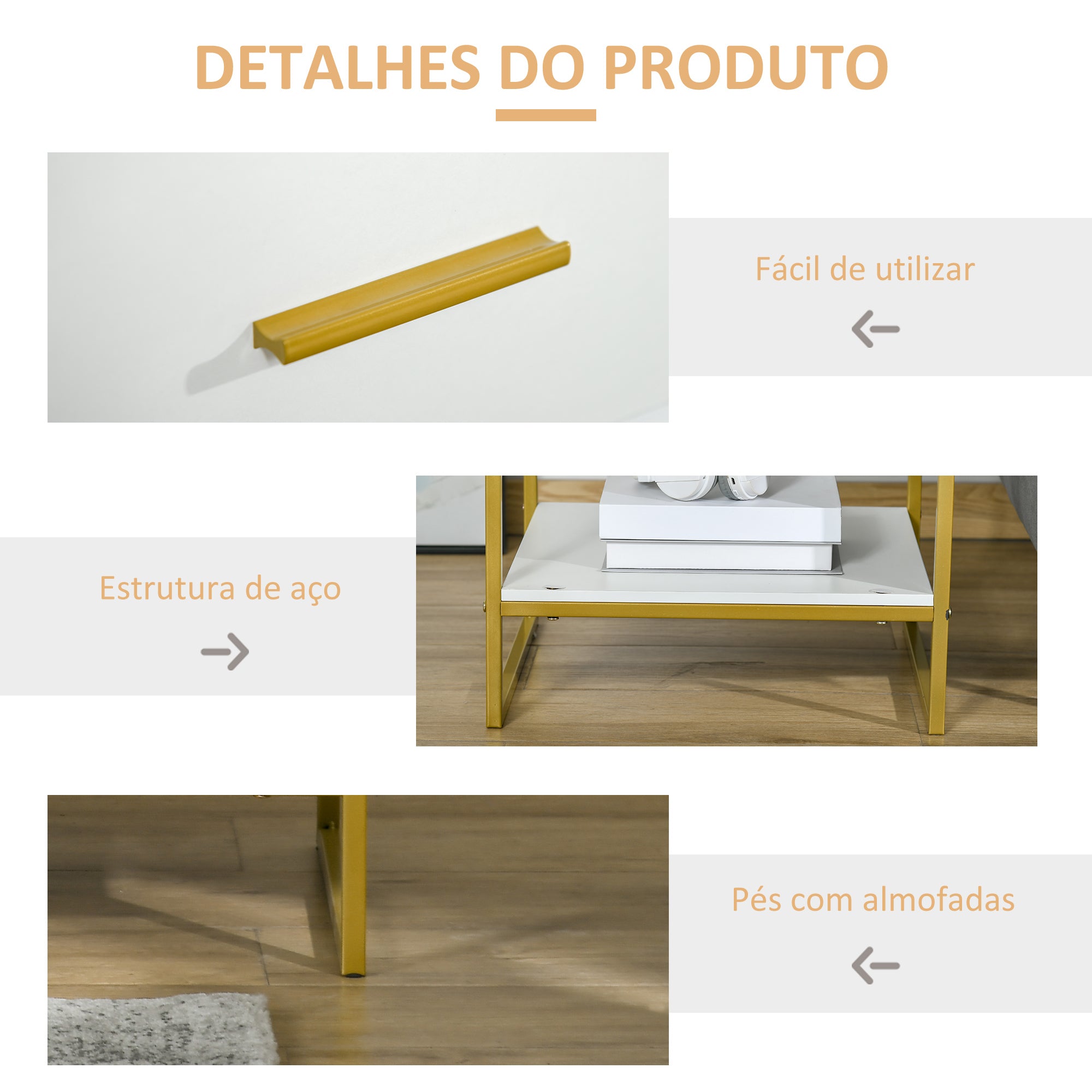 Mesa de Cabeceira Moderna com Gaveta e Prateleira de Armazenamento 45x40x60cm Branco e Dourado