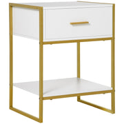 Mesa de Cabeceira Moderna com Gaveta e Prateleira de Armazenamento 45x40x60cm Branco e Dourado