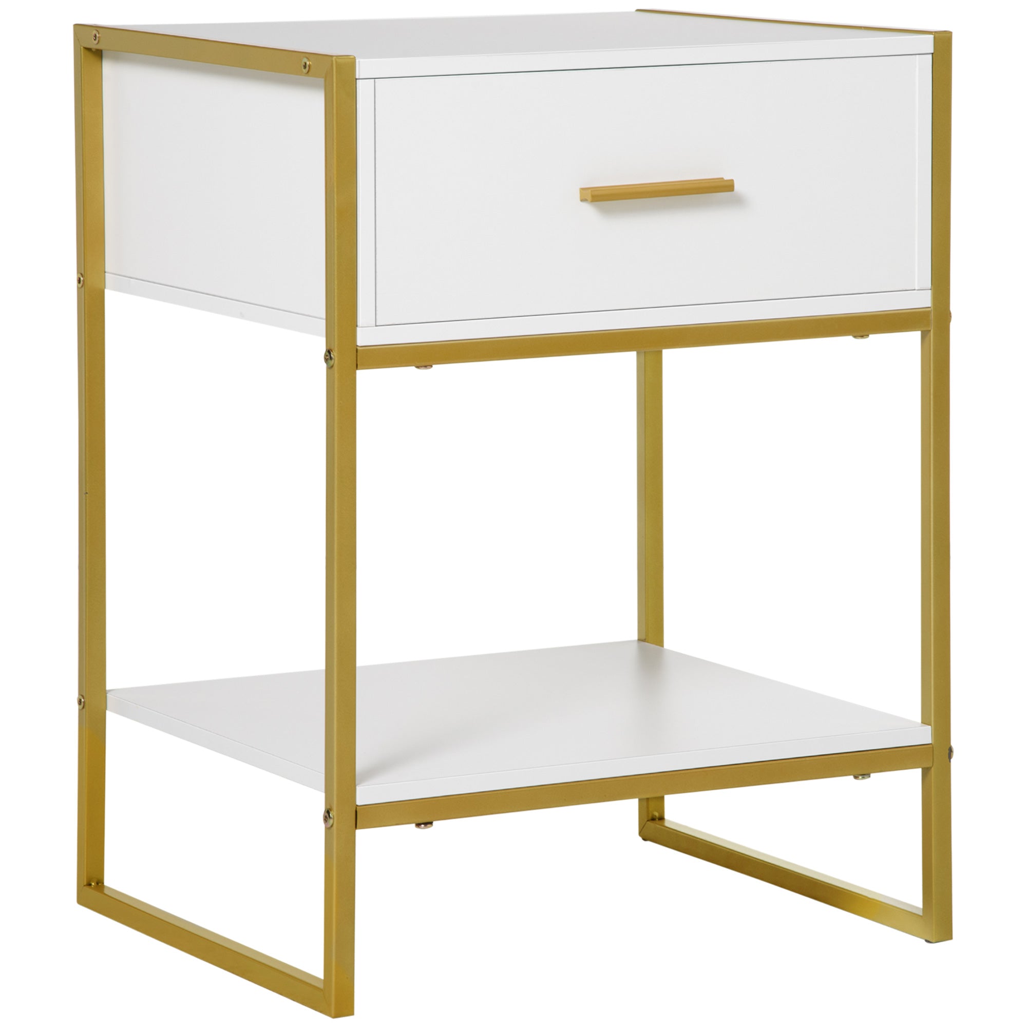Mesa de Cabeceira Moderna com Gaveta e Prateleira de Armazenamento 45x40x60cm Branco e Dourado