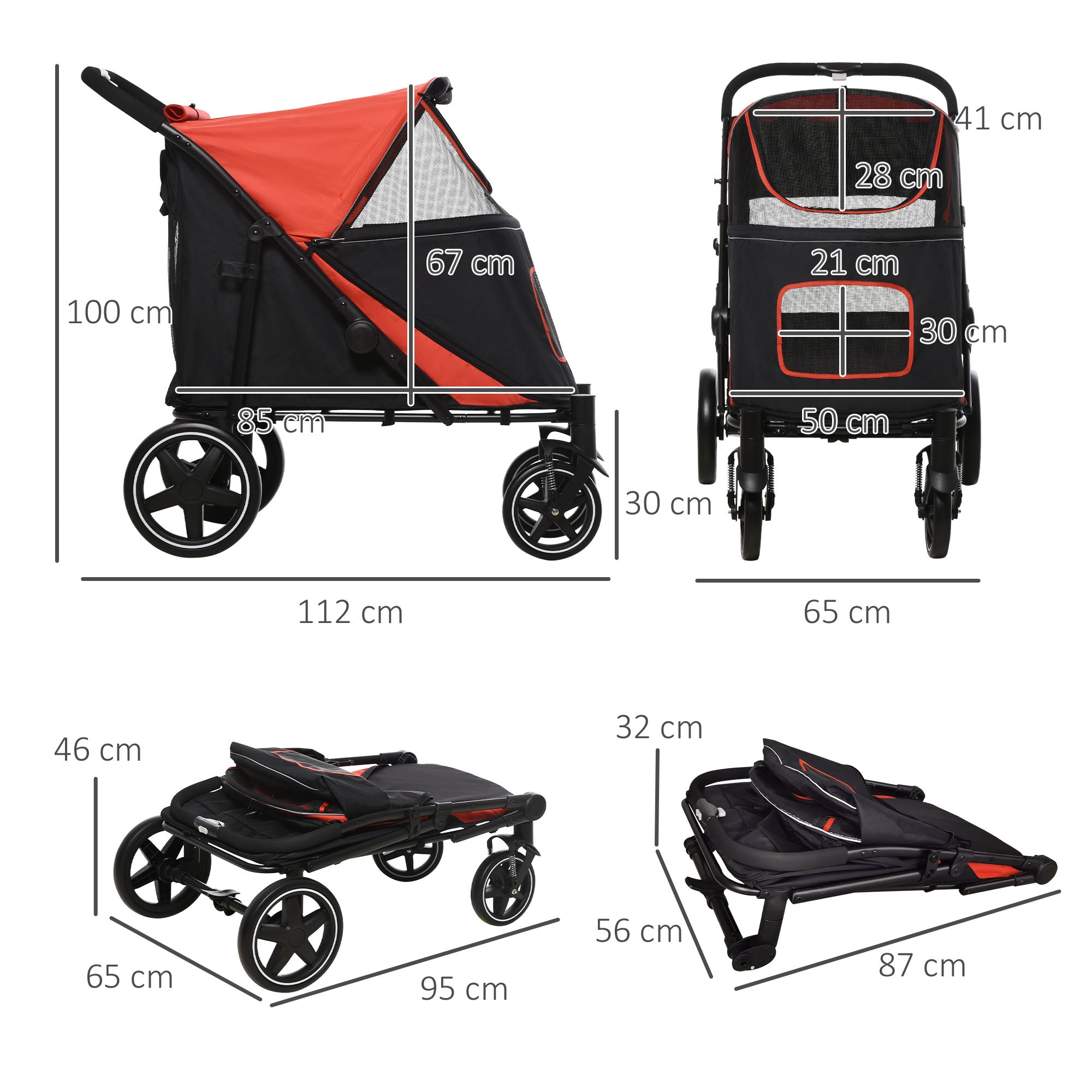 Carrinho Dobrável para Animais de Estimação – 112x65x100 cm – Vermelho – Aço e Tecido Oxford