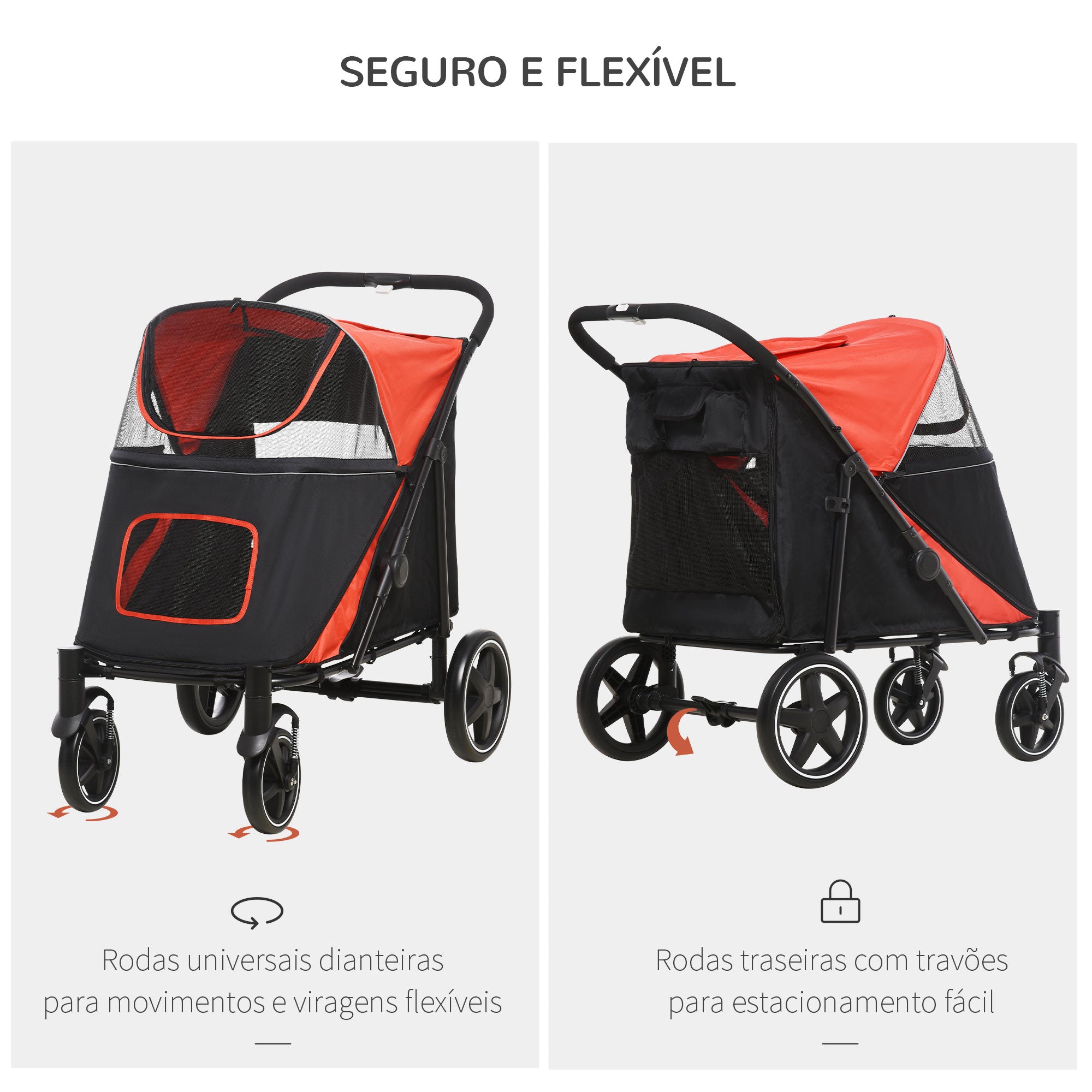 Carrinho Dobrável para Animais de Estimação – 112x65x100 cm – Vermelho – Aço e Tecido Oxford