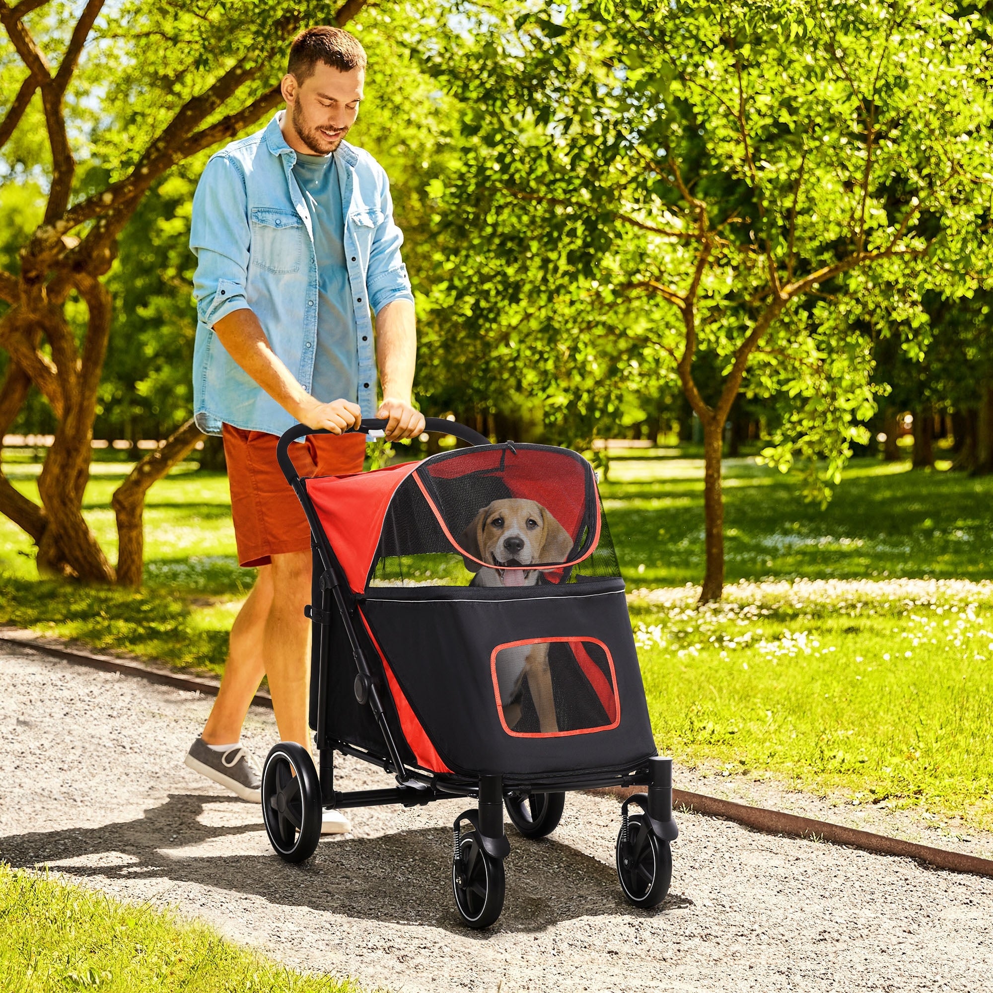 Carrinho Dobrável para Animais de Estimação – 112x65x100 cm – Vermelho – Aço e Tecido Oxford