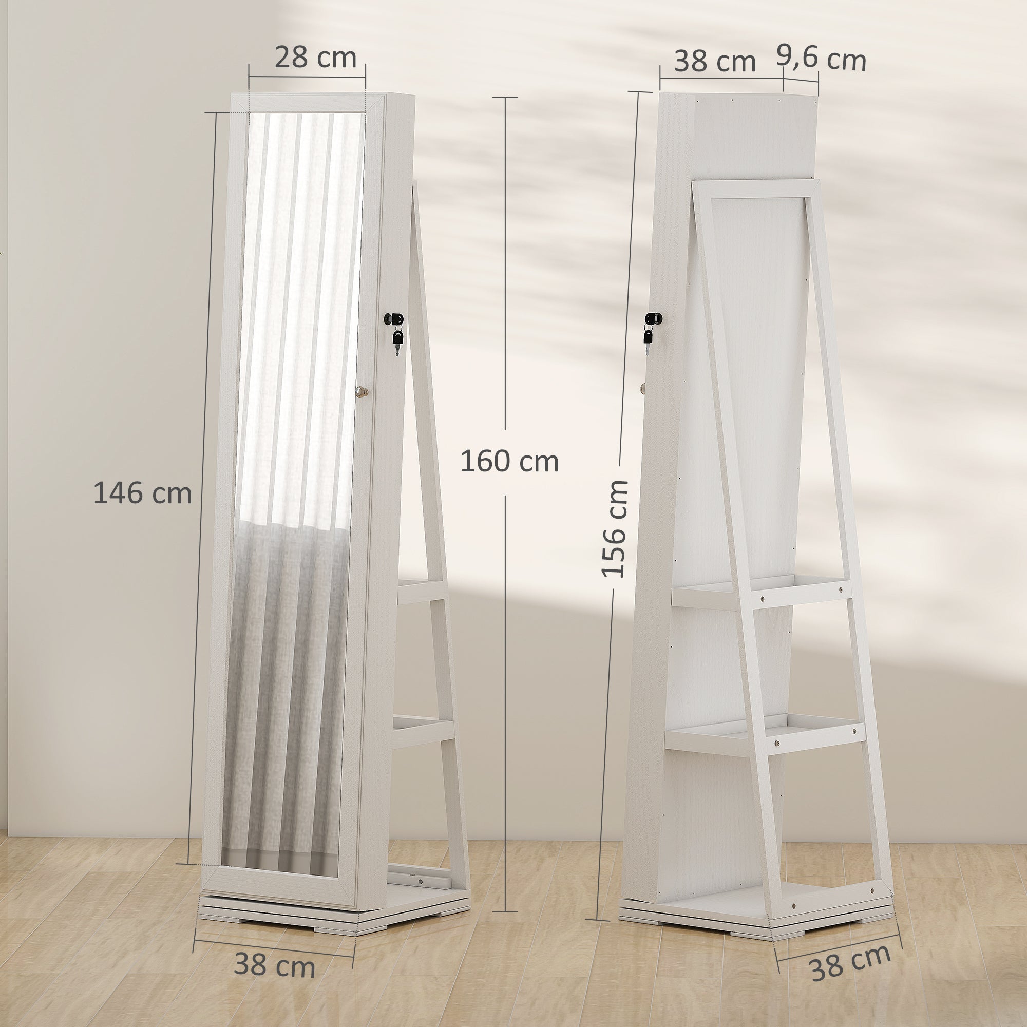 Joalheiro de Pé – 38x38x160 cm – Branco – MDF e vidro
