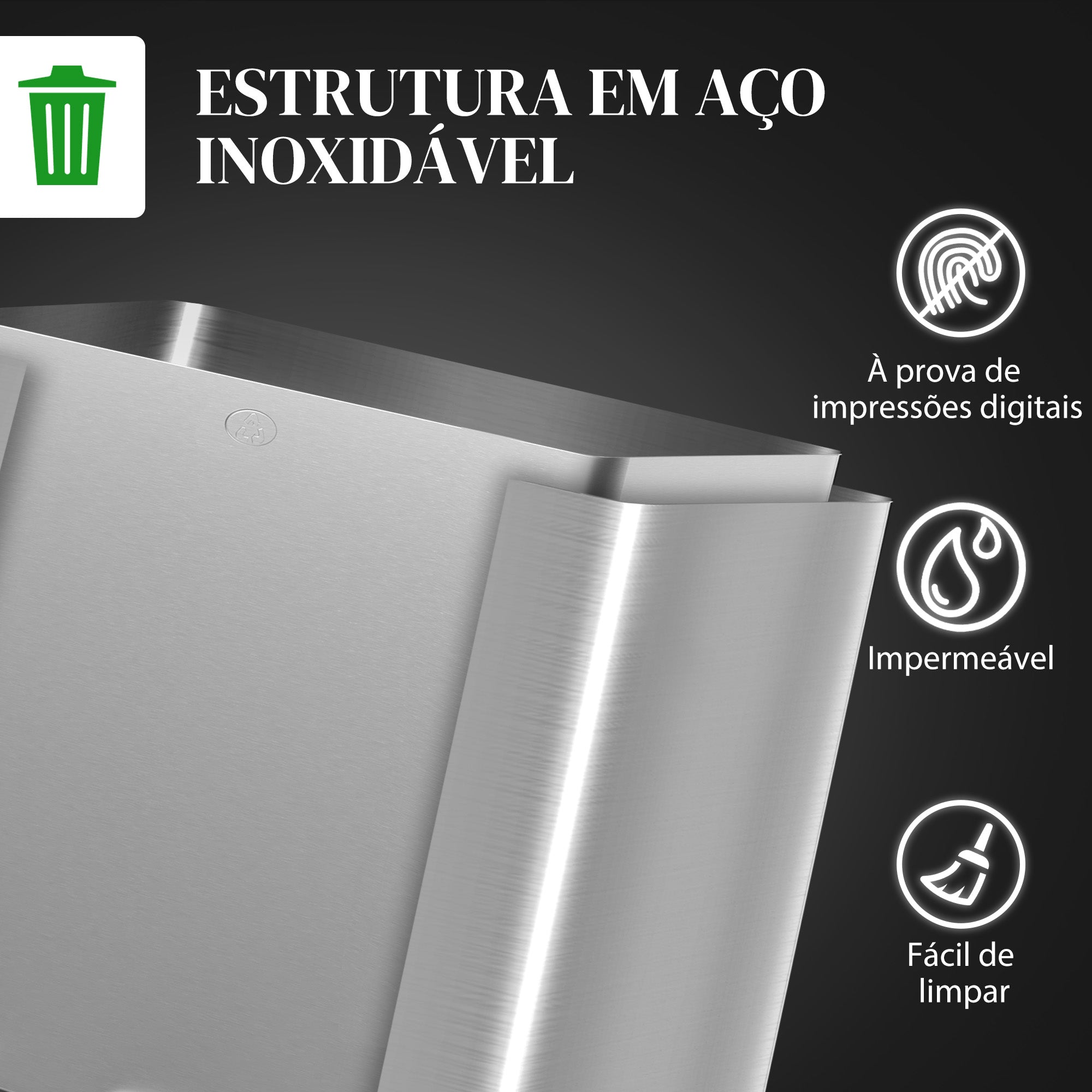 Balde de Lixo de Cozinha 2x15L em Aço Inoxidável Prata - 41,7x36,6x43,2 cm