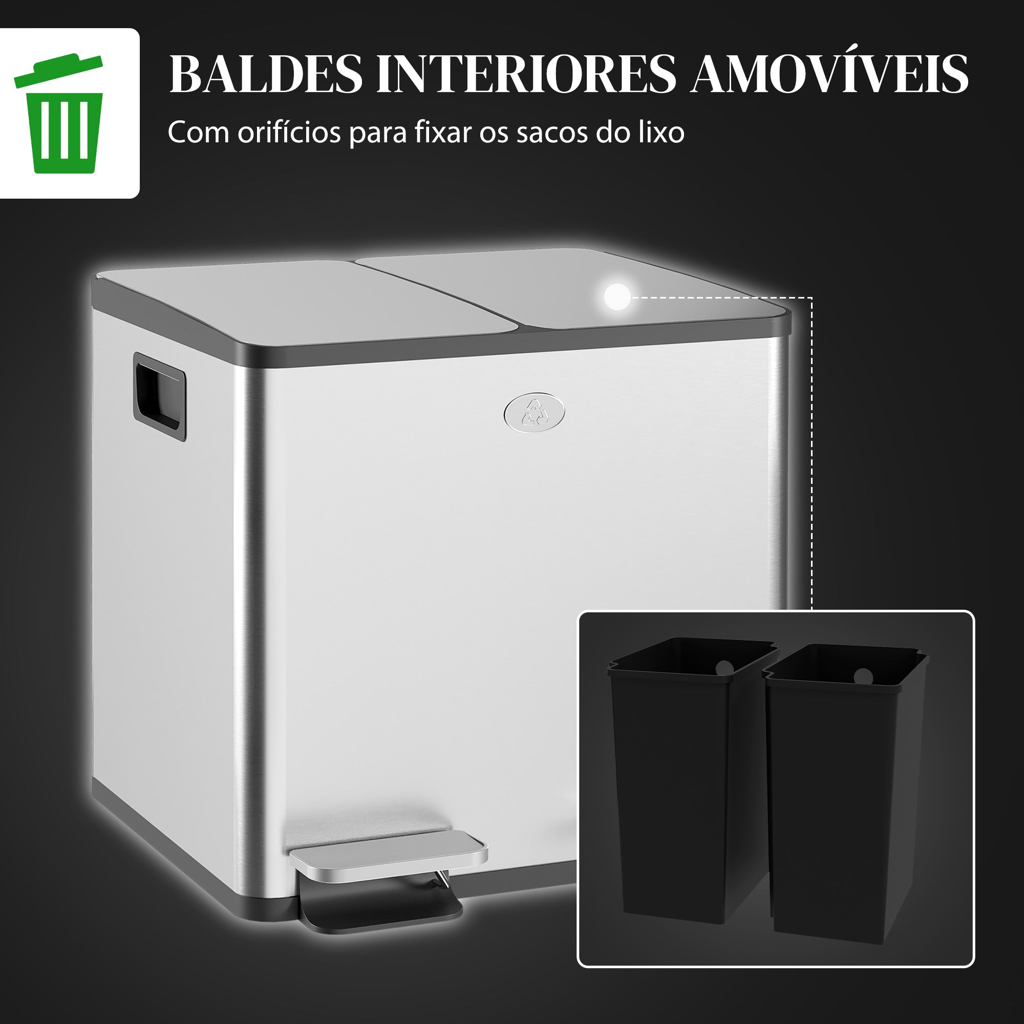 Balde de Lixo de Cozinha 2x15L em Aço Inoxidável Prata - 41,7x36,6x43,2 cm