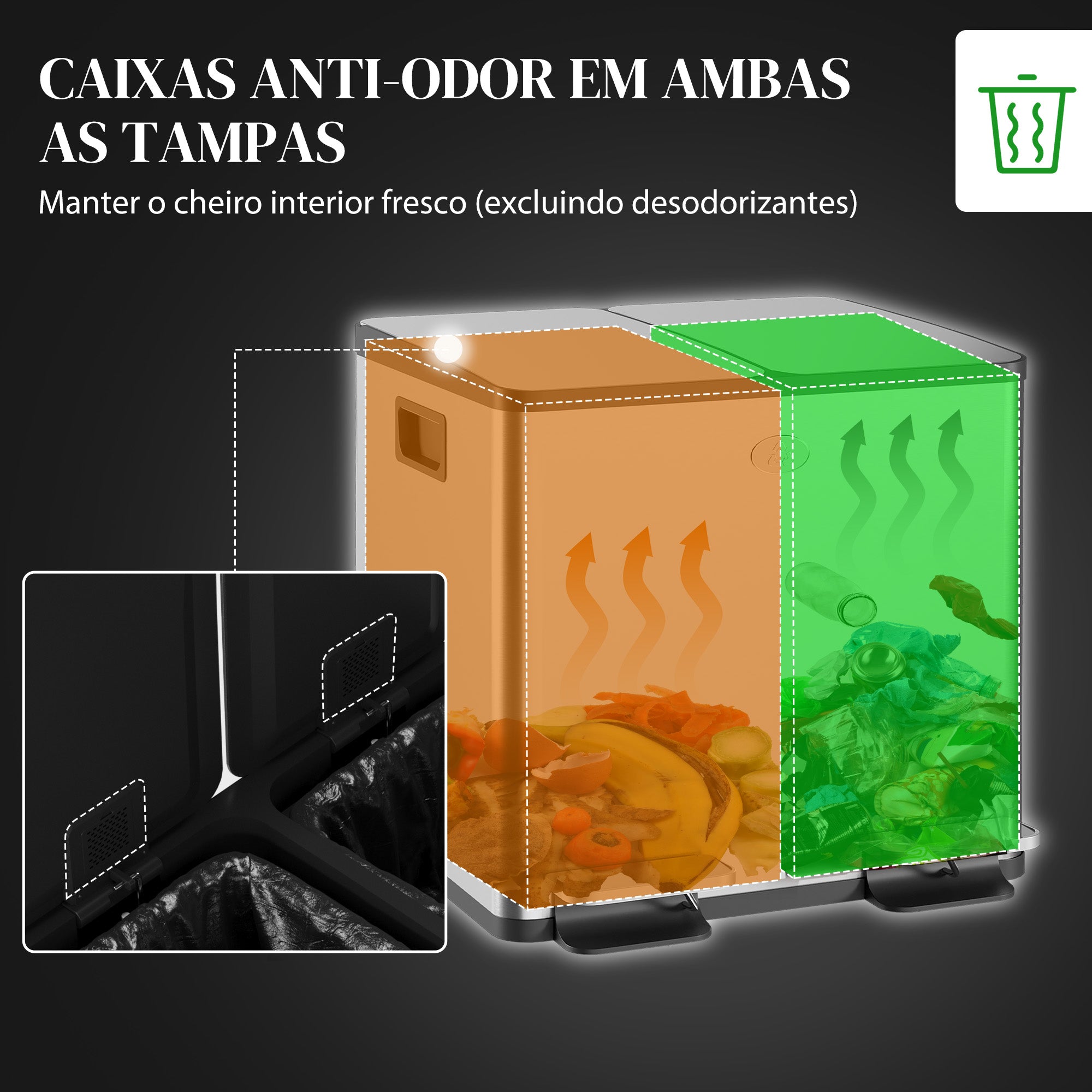 Balde de Lixo de Cozinha 2x15L em Aço Inoxidável Prata - 41,7x36,6x43,2 cm