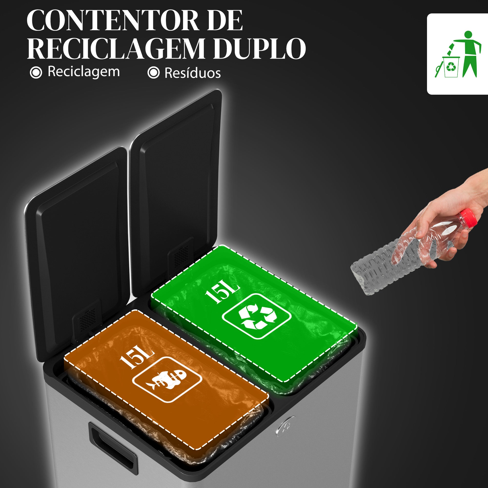 Balde de Lixo de Cozinha 2x15L em Aço Inoxidável Prata - 41,7x36,6x43,2 cm