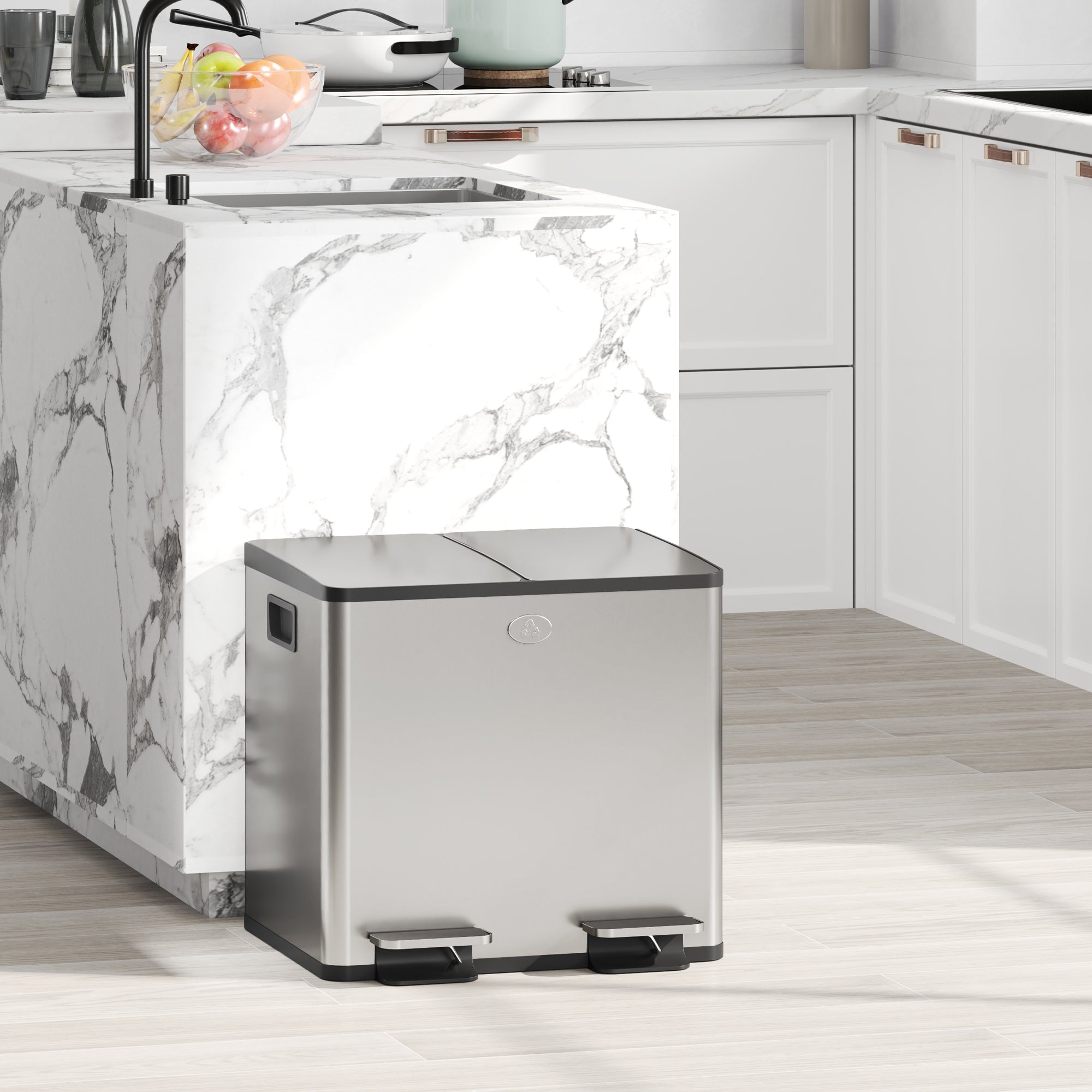 Balde de Lixo de Cozinha 2x15L em Aço Inoxidável Prata - 41,7x36,6x43,2 cm