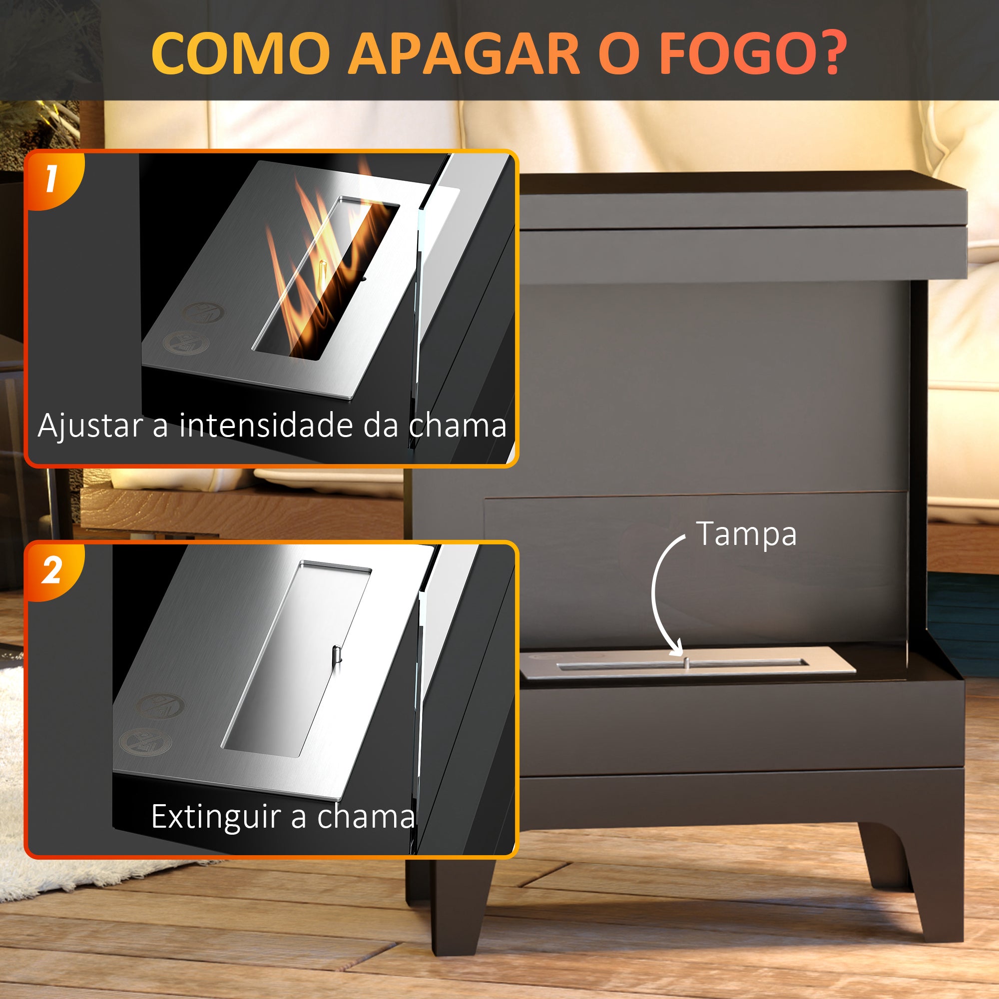 Lareira de Bioetanol Pé Preto 38x22x54 cm