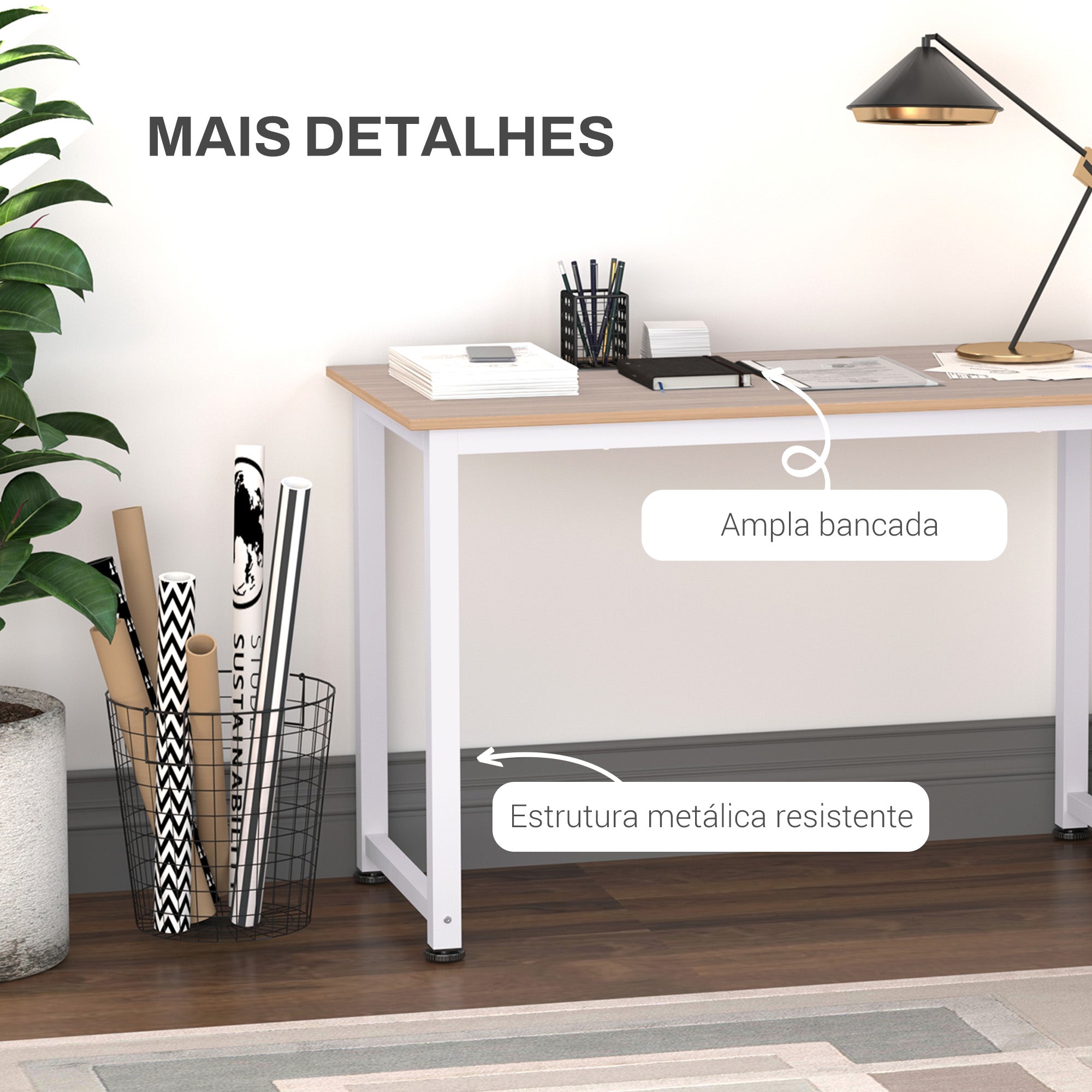 Secretária Moderna Mesa de Estudo 120x60x76 cm Branco e Madeira
