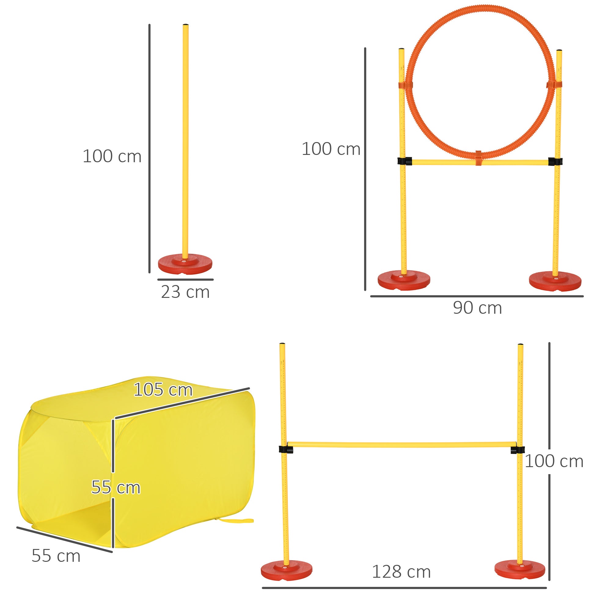 Conjunto de Obstáculos de Treinamento para Cães – 128x23x9-100 cm – Amarelo – ABS, PE, poliéster