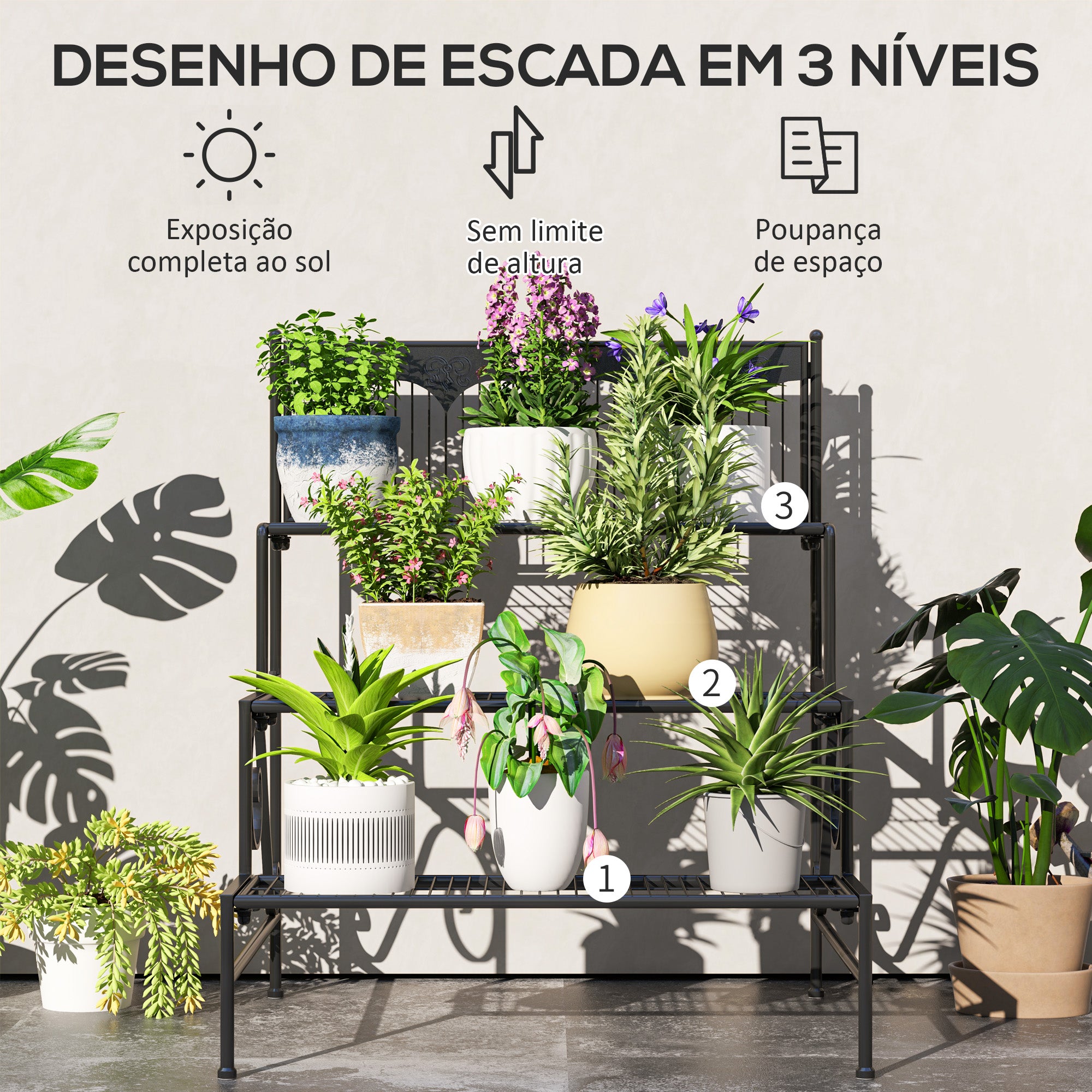 Suporte para Plantas de 3 Níveis 73x66x85 cm - Cor Preto