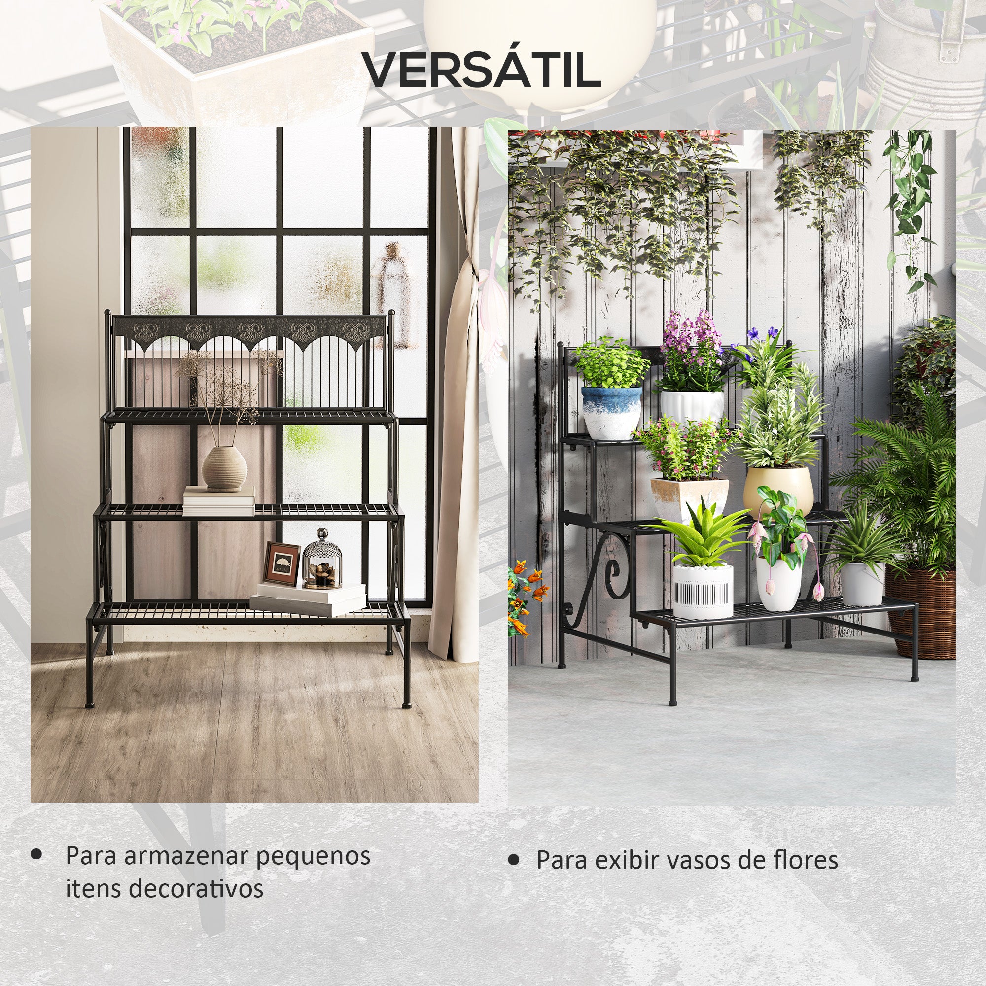 Suporte para Plantas de 3 Níveis 73x66x85 cm - Cor Preto