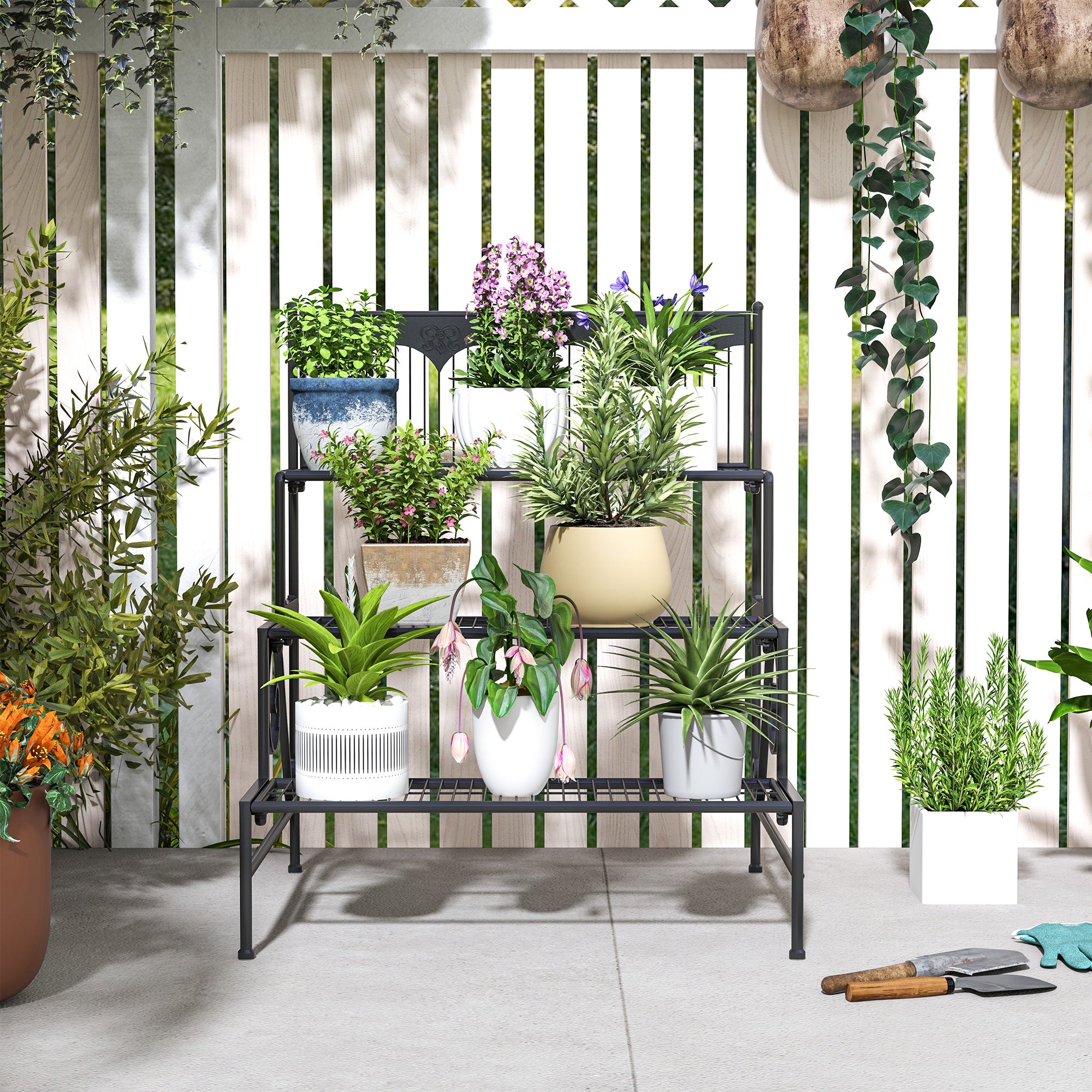 Suporte para Plantas de 3 Níveis 73x66x85 cm - Cor Preto