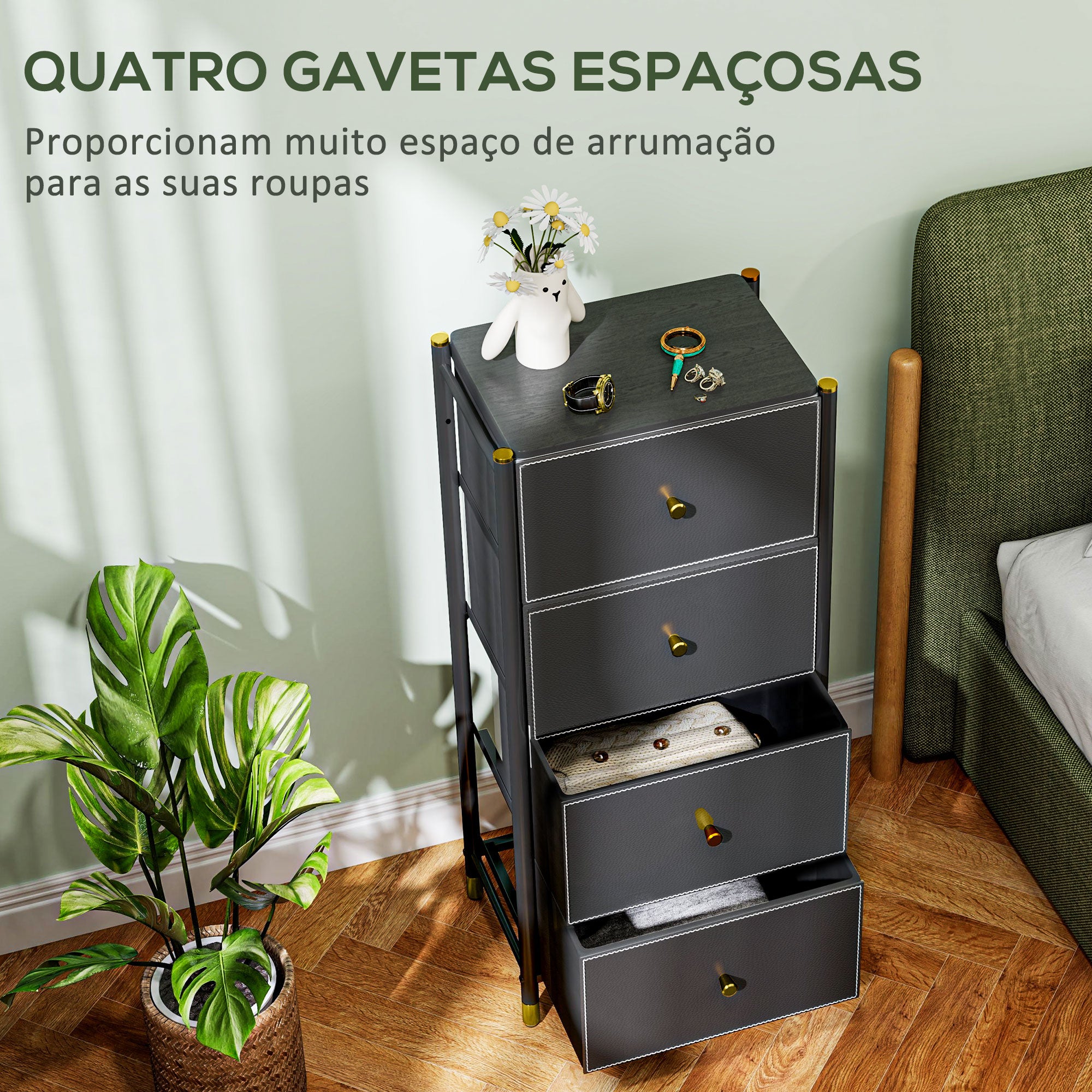 Cómoda de Tecido com 4 Gavetas Dobráveis 46x30x98 cm - Cor Preto
