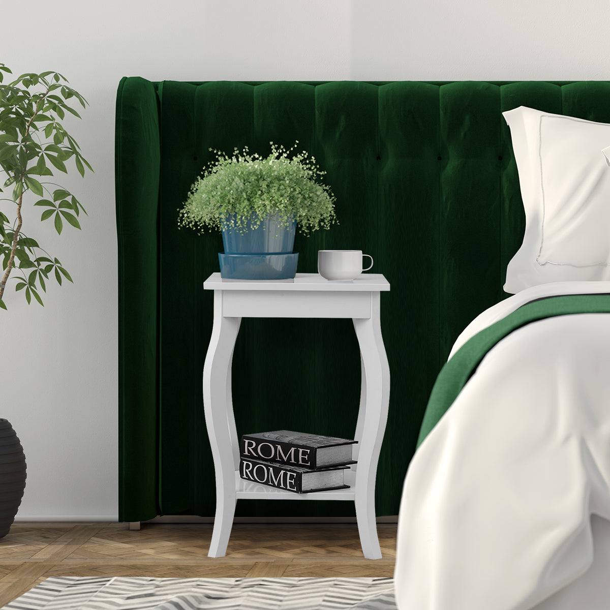 Par de Mesas de Cabeceira de 2 Níveis com Pernas Curvas Mesas de Apoio para Quarto, Sala de Estar e Sala de Estar 40 x 40 x 60 cm Branco