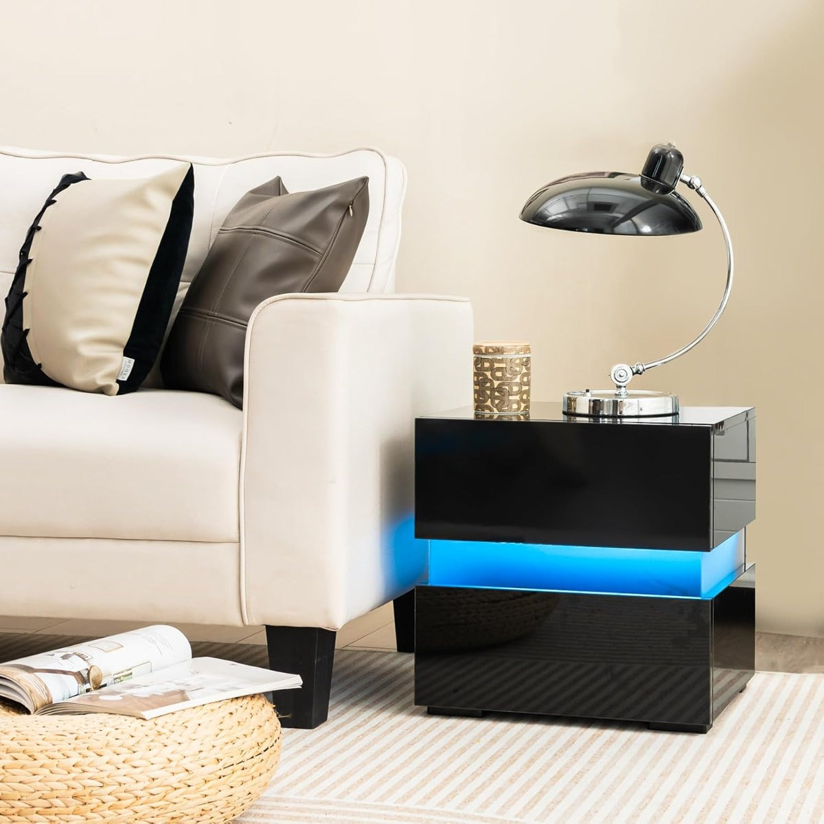 Mesitas de Noite LED com Gavetas Controlo Remoto 22 Modos Dinâmicos 10 Velocidades e 5 Brilhos Design Moderno Preto