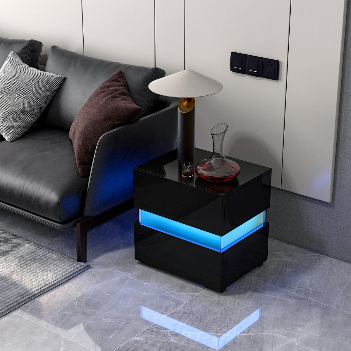 Mesinha de Cabeceira LED com Gavetas Controlo Remoto 22 Modos Dinâmicos Mesa Auxiliar Moderna para Sala Quarto 45 x 35 x 45 cm Preto