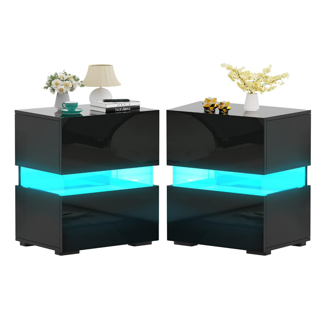 Mesinha de Cabeceira LED com Gavetas Controlo Remoto 22 Modos Dinâmicos Mesa Auxiliar Moderna para Sala Quarto 45 x 35 x 45 cm Preto