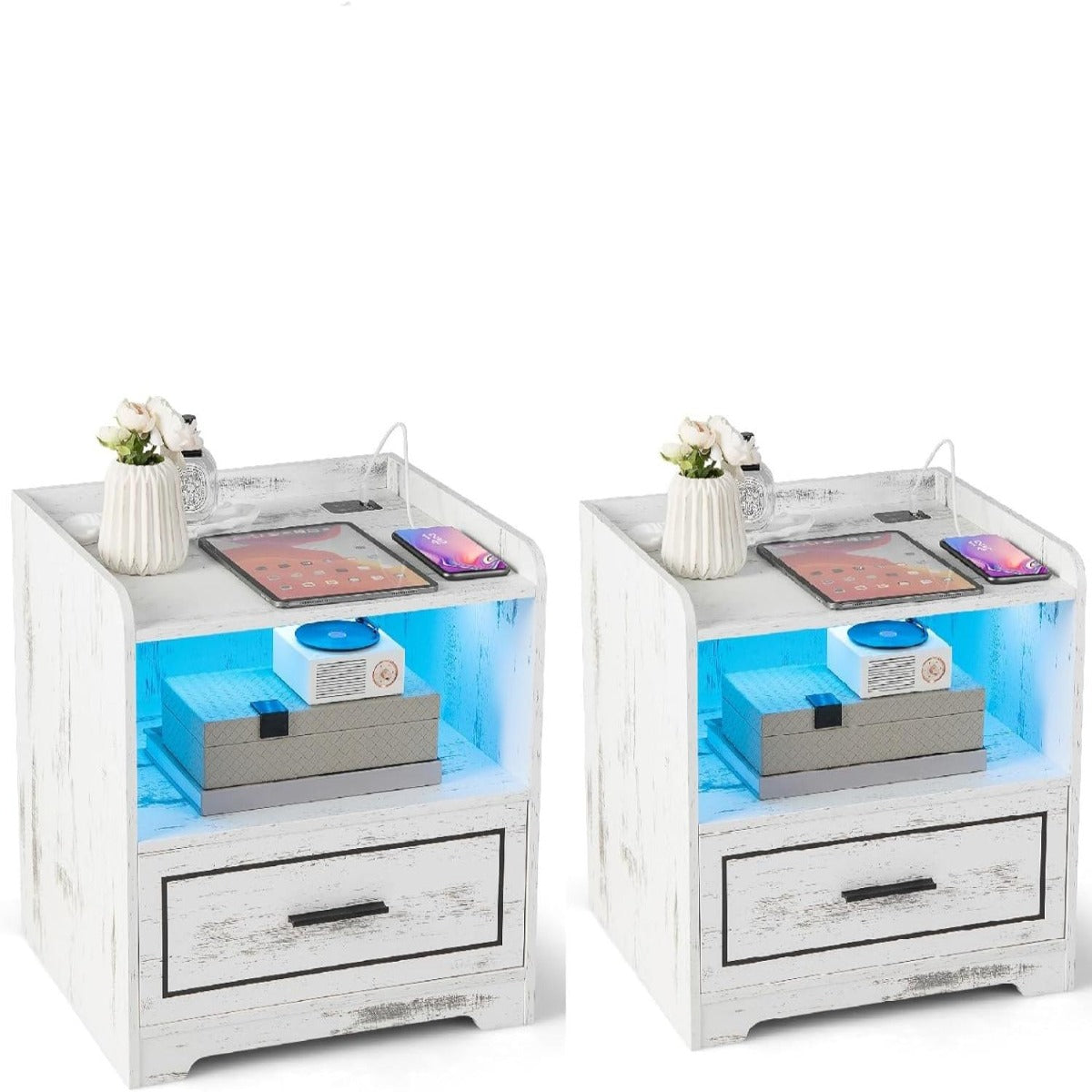 Mesas de Cabeceira LED com Prateleira Gaveta Porta USB 3 Cores de Luz - Conjunto de 2 Branco 45 x 40 x 50 cm
