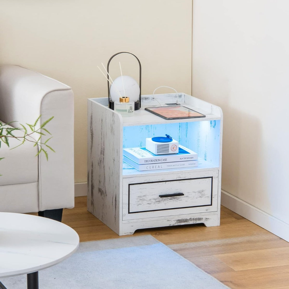 Mesita de Noite LED com Estante e Gaveta – 45 x 40 x 50 cm – Branco