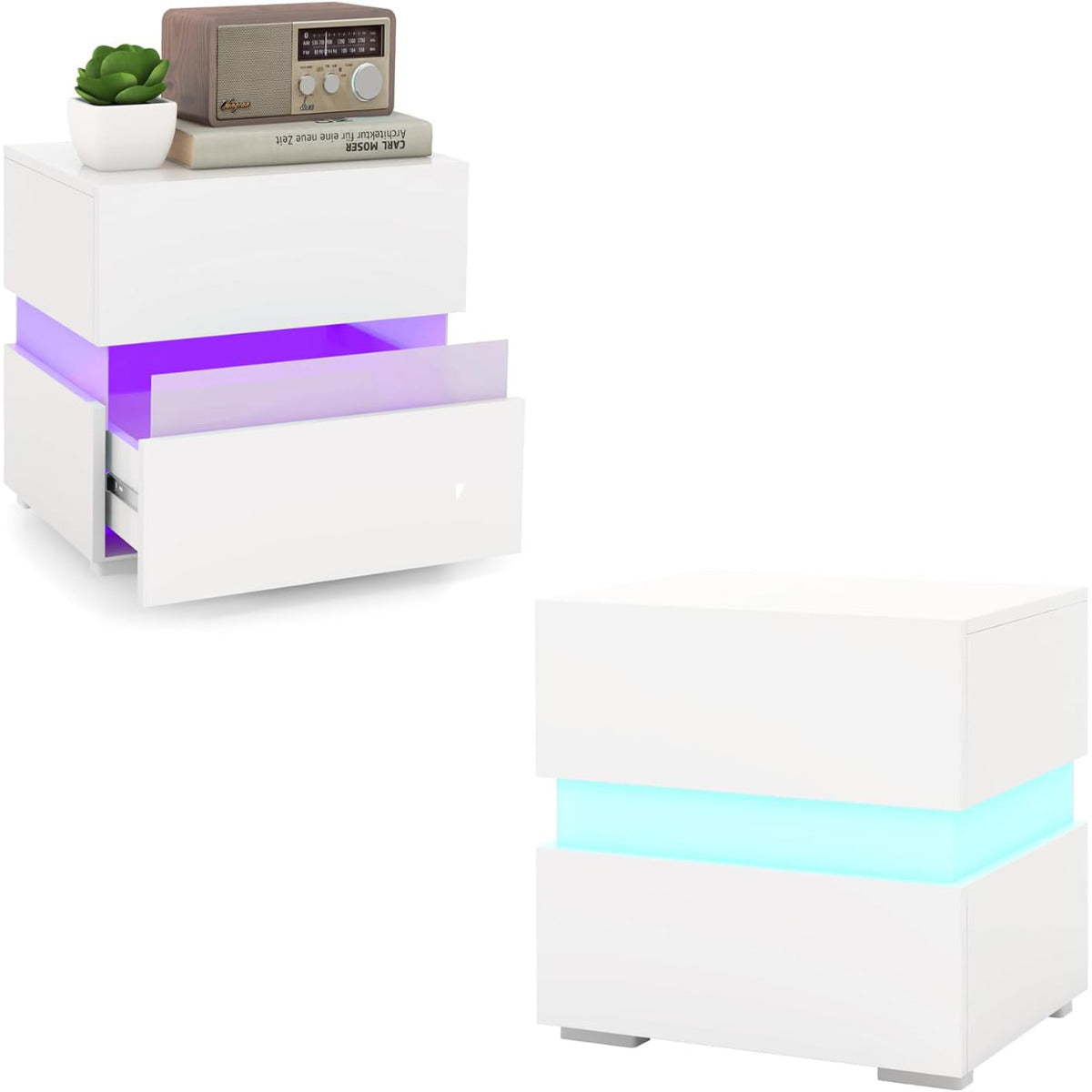 Mesita de Noite LED com Gavetas – 45 x 35 x 45 cm – Branco