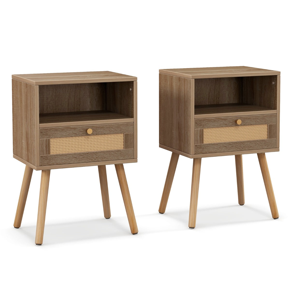 Conjunto de 2 Mesas de Cabeceira em Ratan com Gaveta Mesa Decorativa Multifuncional para Sala de Estar Quarto 40 x 30 x 60,5 cm Natural