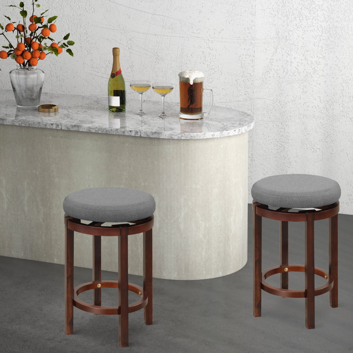 Conjunto de 2 Bancos Giratórios de Altura de Balcão – 42 x 42 x 66 cm – Cinzento – Madeira de Caucho