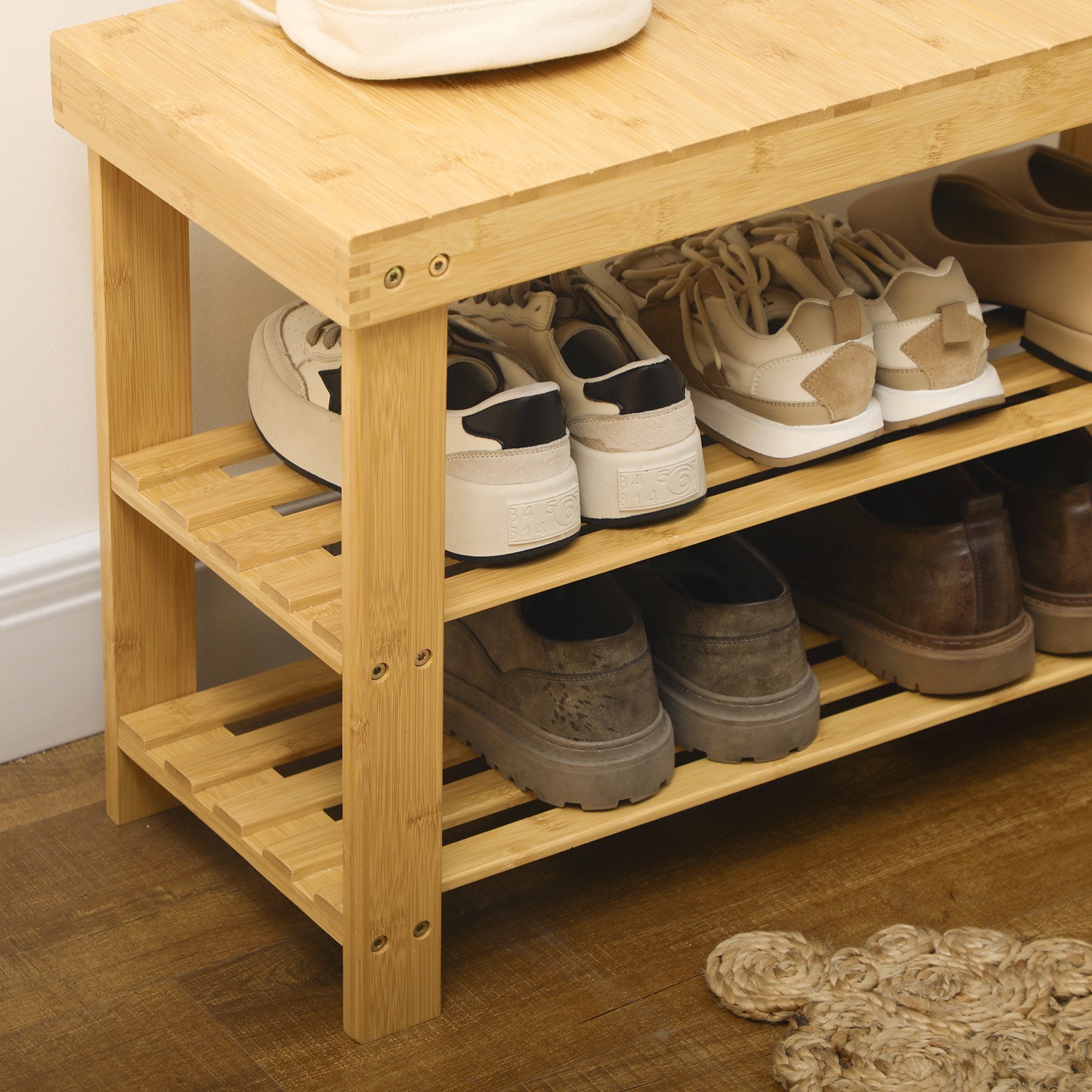 Banco Sapateira de Bambu com Assento - 70x28x45 cm - Cor Natural