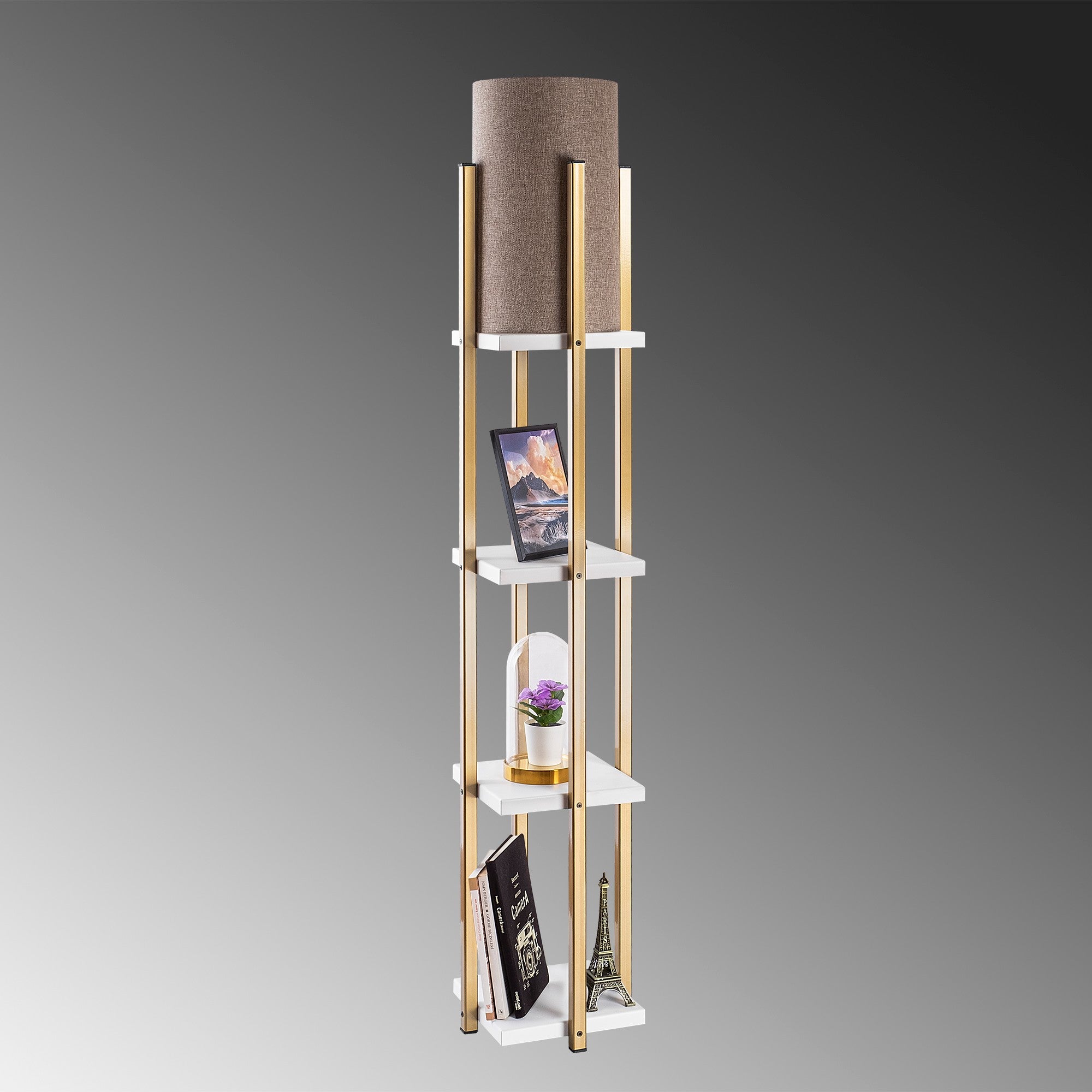 Candeeiro de Pé Escandinava, Branca e Dourada, 130 cm de Altura | Corpo em Metal, Abajur de 20 cm, 1 Soquete E27, 40 W Máx., IP20, Cabo de 400 cm | Iluminação Elegante e Funcional