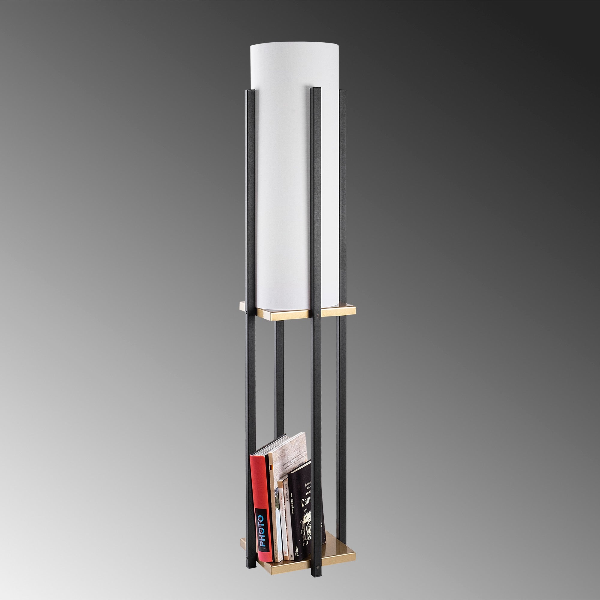 Candeeiro de Pé escandinava, preta e dourada, 130 cm de altura, cúpula de 20 cm, potência máxima de 40 W, soquete E27, isolamento duplo, cabo de 400 cm, design elegante e funcional