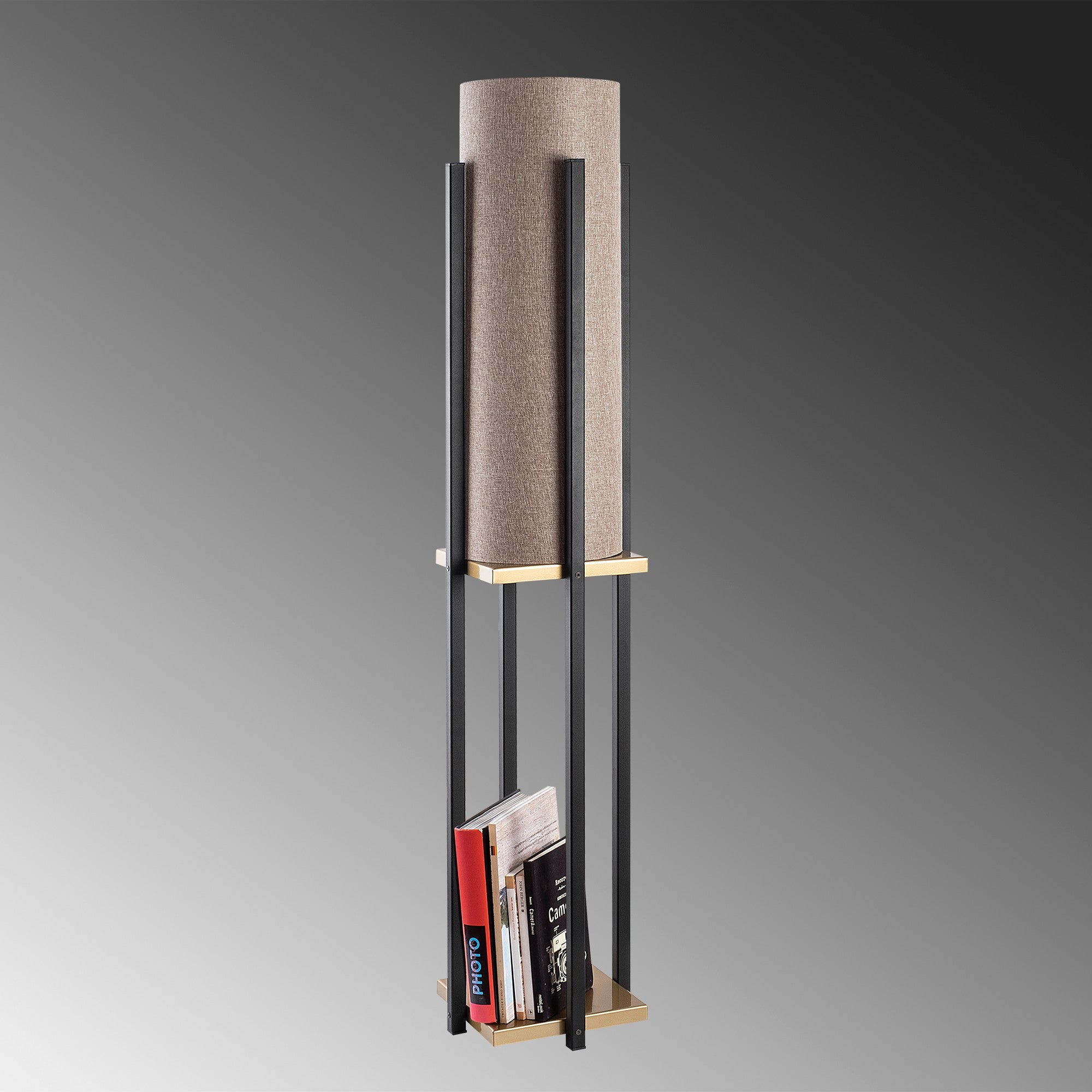 Candeeiro de Pé escandinava, preta e dourada, 130 cm de altura, cúpula de 20 cm, potência máxima de 40 W, soquete E27, isolamento duplo, cabo de 400 cm, design elegante e funcional