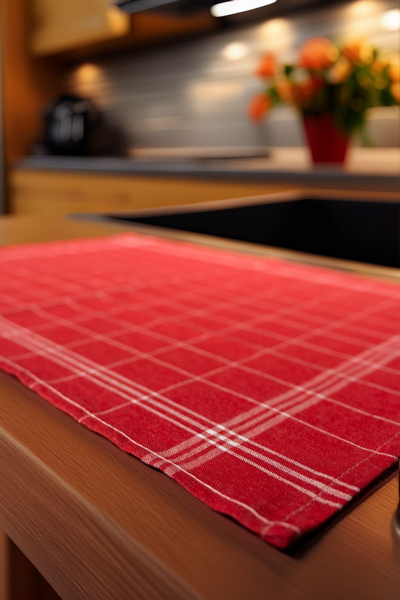 Conjunto de Toalhas de Cozinha – 50 x 70 cm – Vermelho e Branco – 100% Algodão