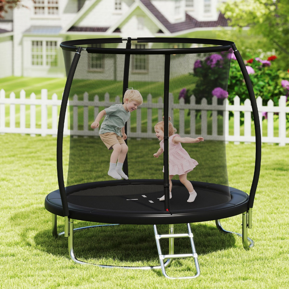 Cama Elástica de Exterior com Rede de Segurança Escada Pernas Curvas Robustas para Crianças Adultos 244 cm Preto
