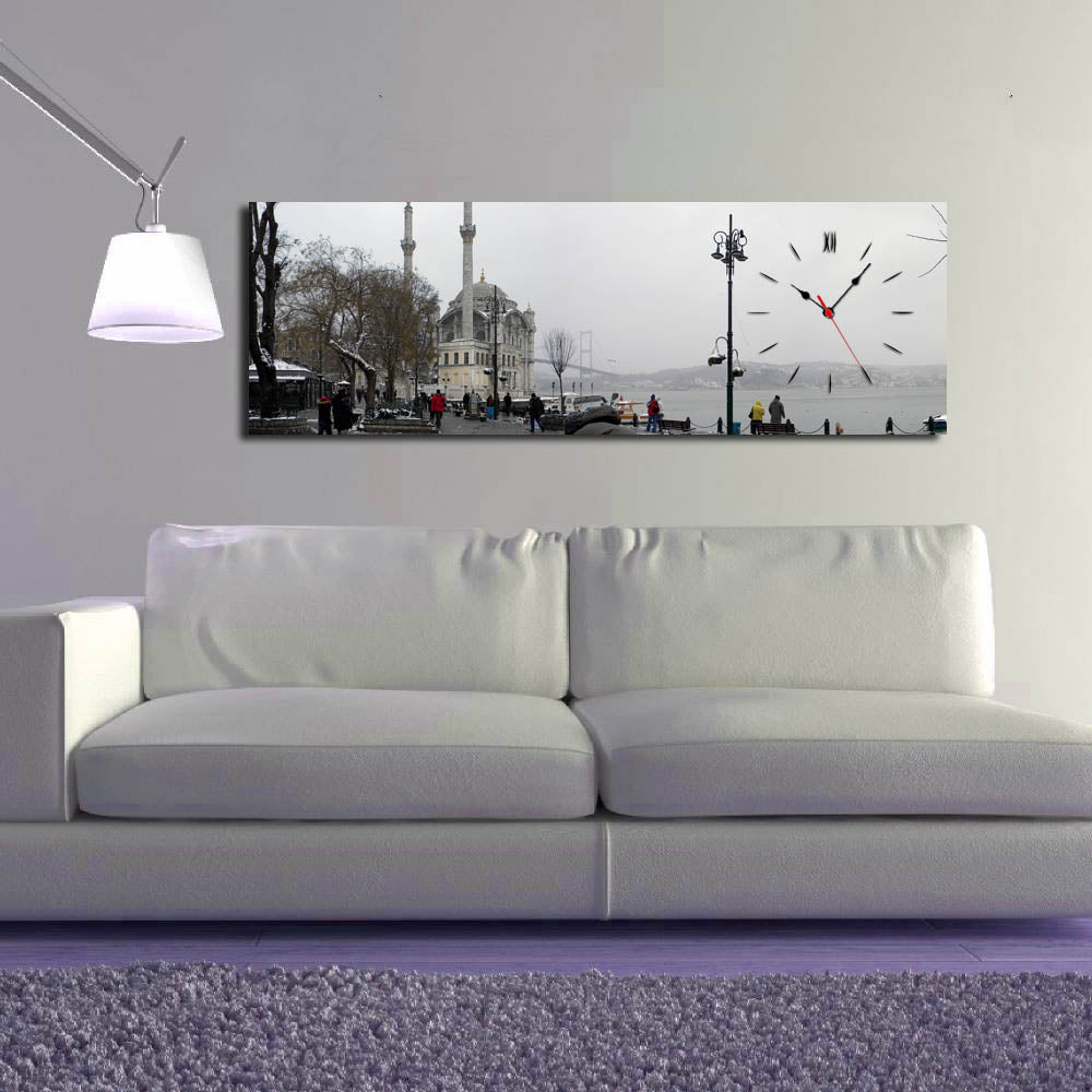 Relógio de Parede em Tela Decorativa Multicolor 30x90 cm — Tela de Camurça 100% com Moldura de Madeira 3 cm (3090CS-11)